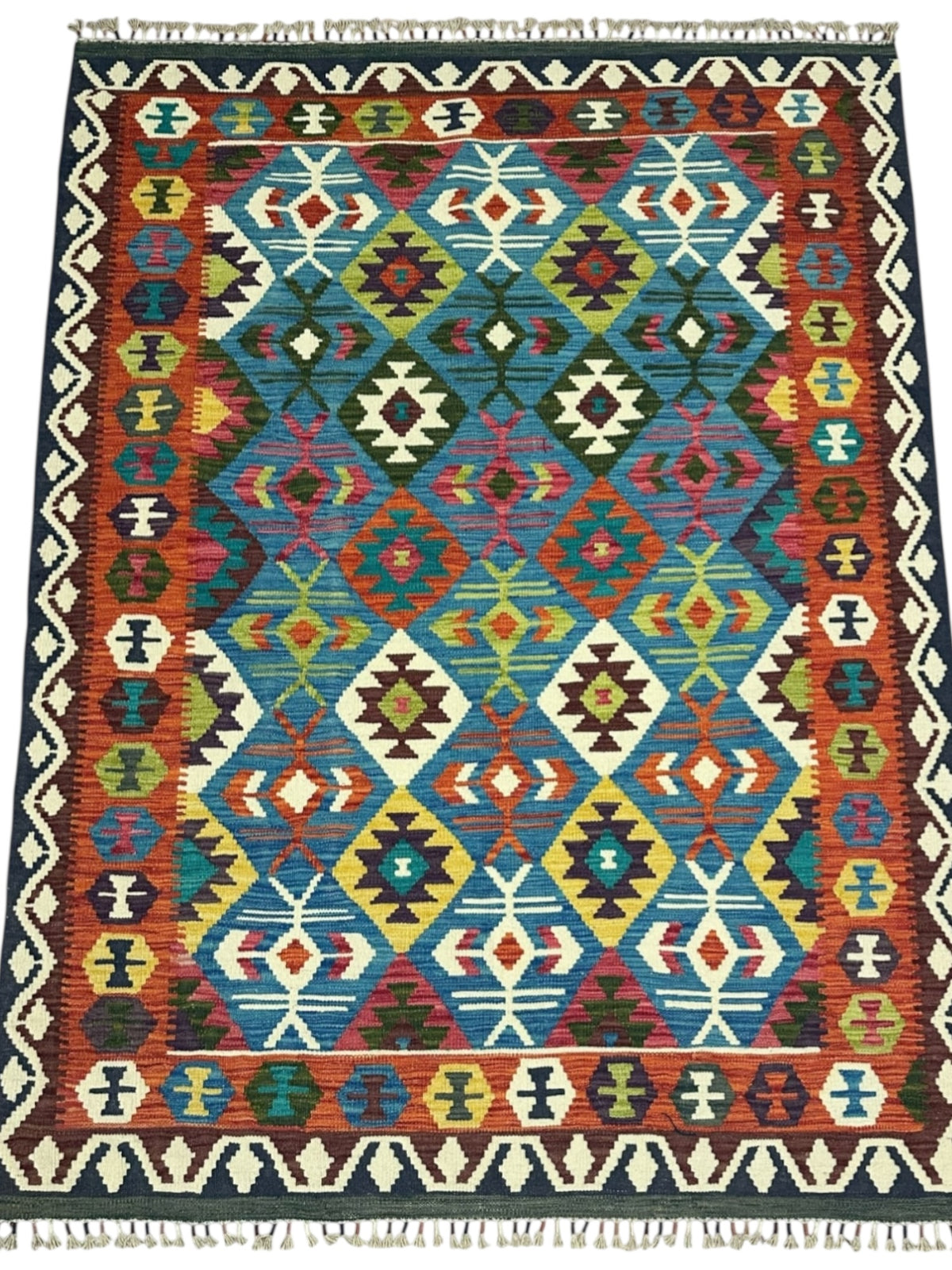 Afghan Kilim Rug 5x7, Teal, Rust & Ivory, Diamond Lattice Wool Flatweave, view 2
