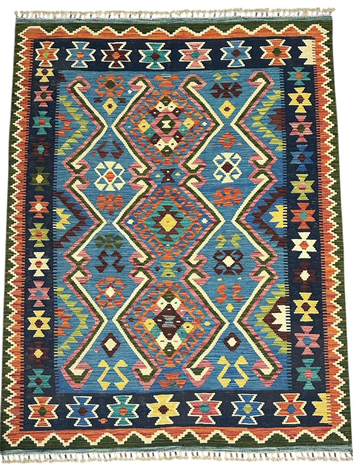 Afghan Kilim Rug 5x7, Blue, Navy & Orange, Hand-Woven Wool Flatweave, view 2
