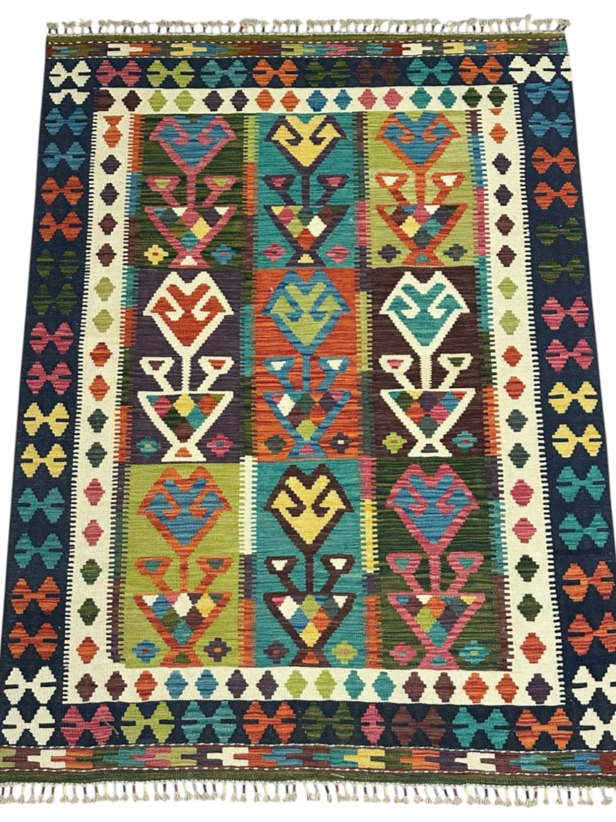 Afghan Kilim Rug 5x7, Navy, Ivory & Green, Hand-Woven Wool Flatweave