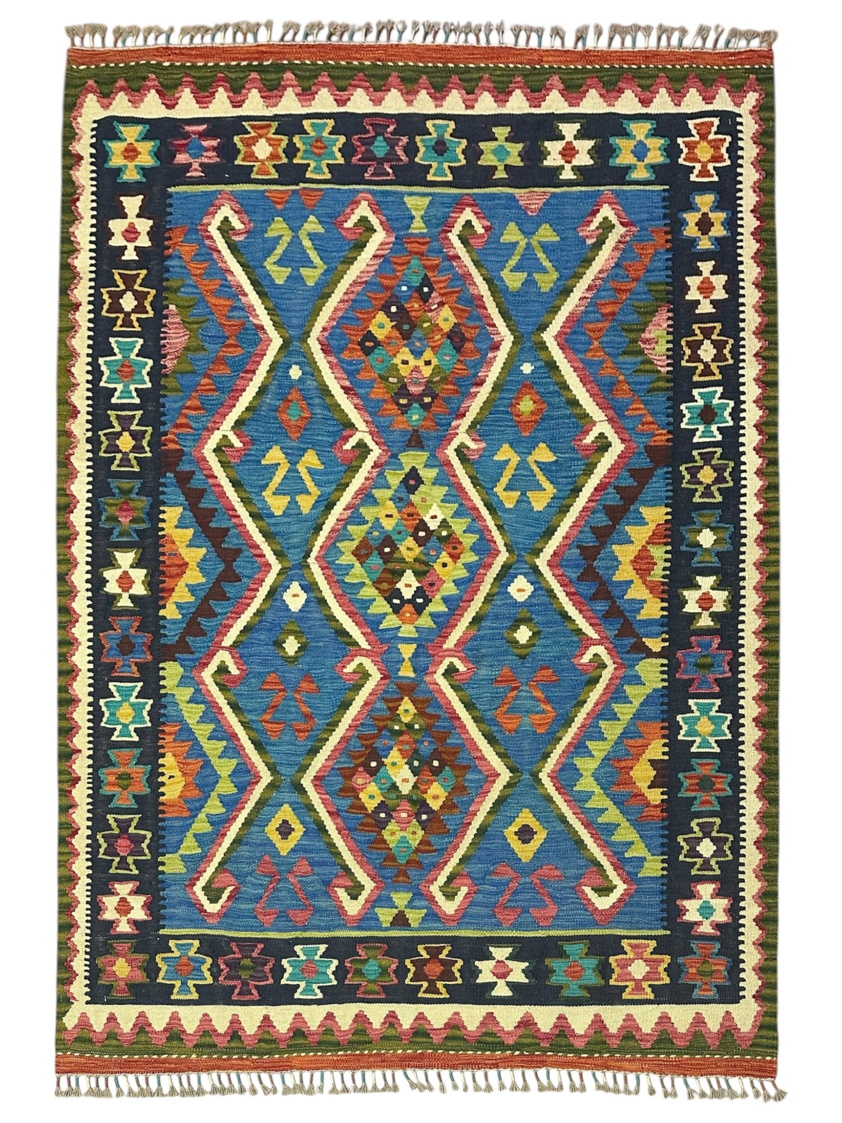 Afghan Kilim Rug 5x7, Blue, Navy & Rust, Hand-Woven Wool Flatweave