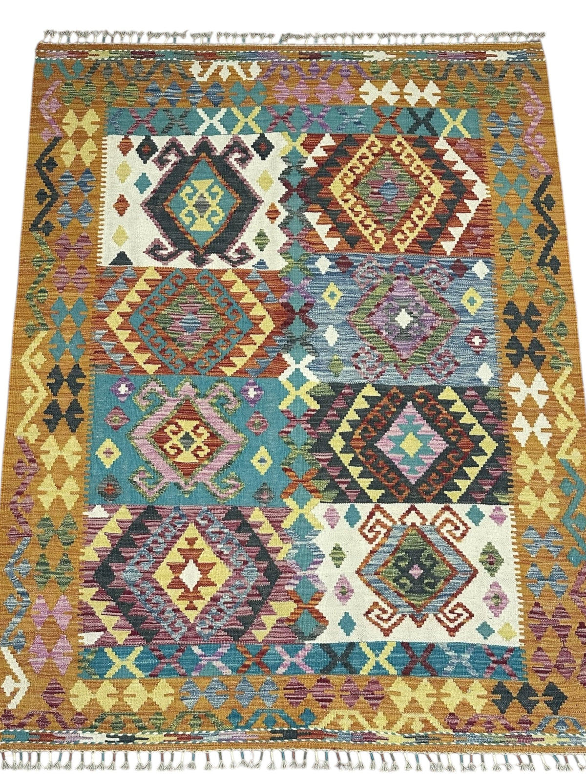 Afghan Kilim Rug 5x7, Gold, Teal & Ivory, Hand-Woven Wool Flatweave, view 2