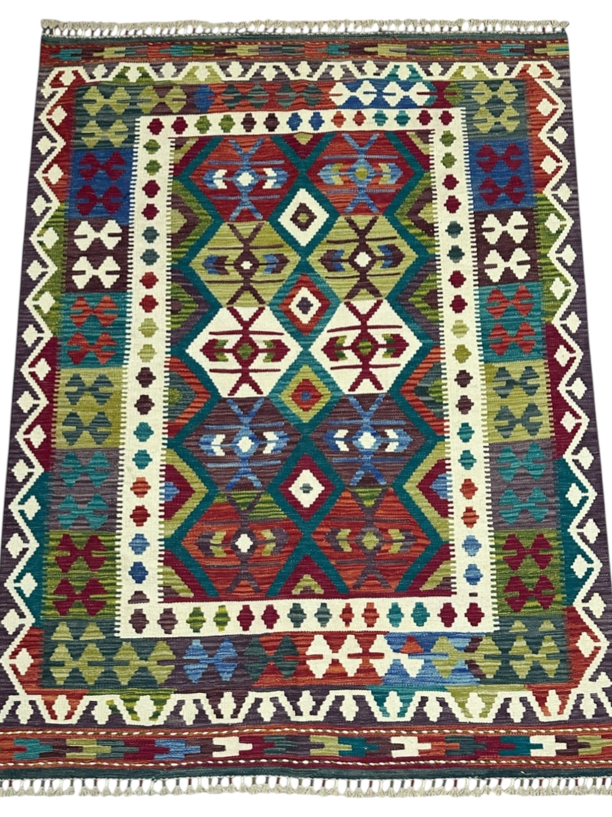 Afghan Kilim Rug 5x6, Red, Olive Green & Ivory, Hand-Woven Wool Flatweave, view 2