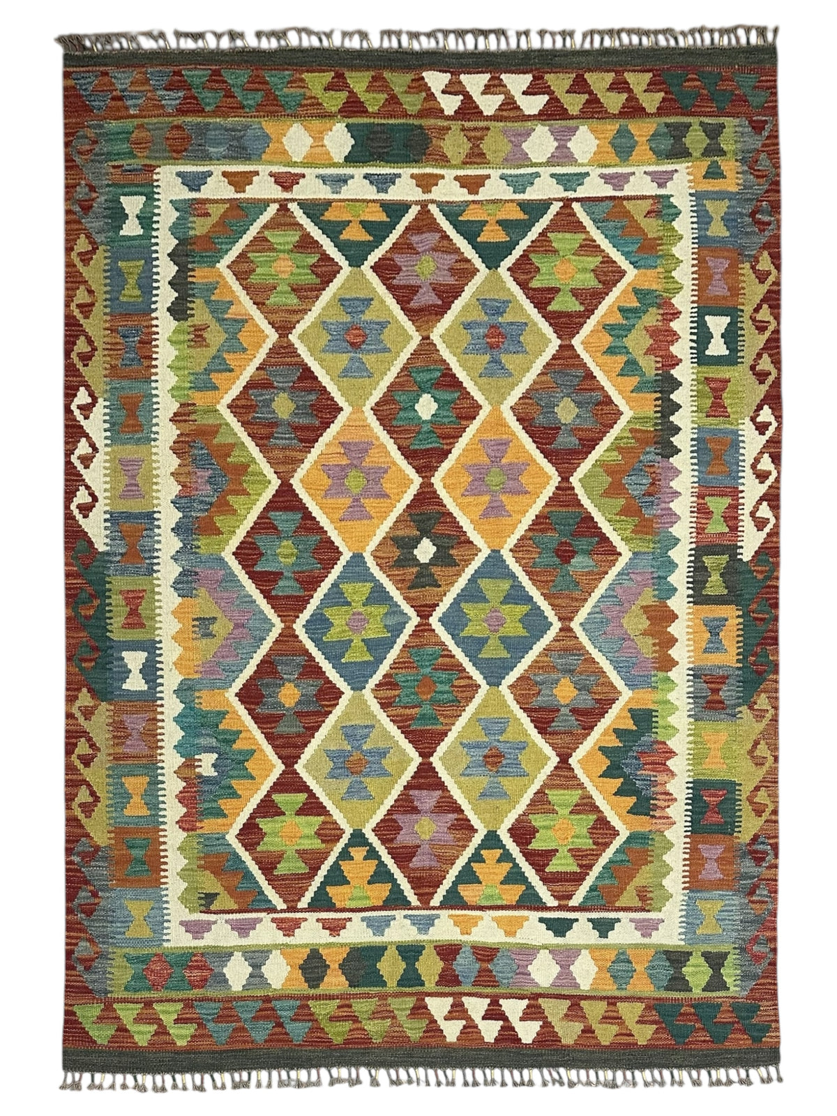 Afghan Kilim Rug 5x7, Rust, Olive Green & Ivory, Hand-Woven Wool Flatweave