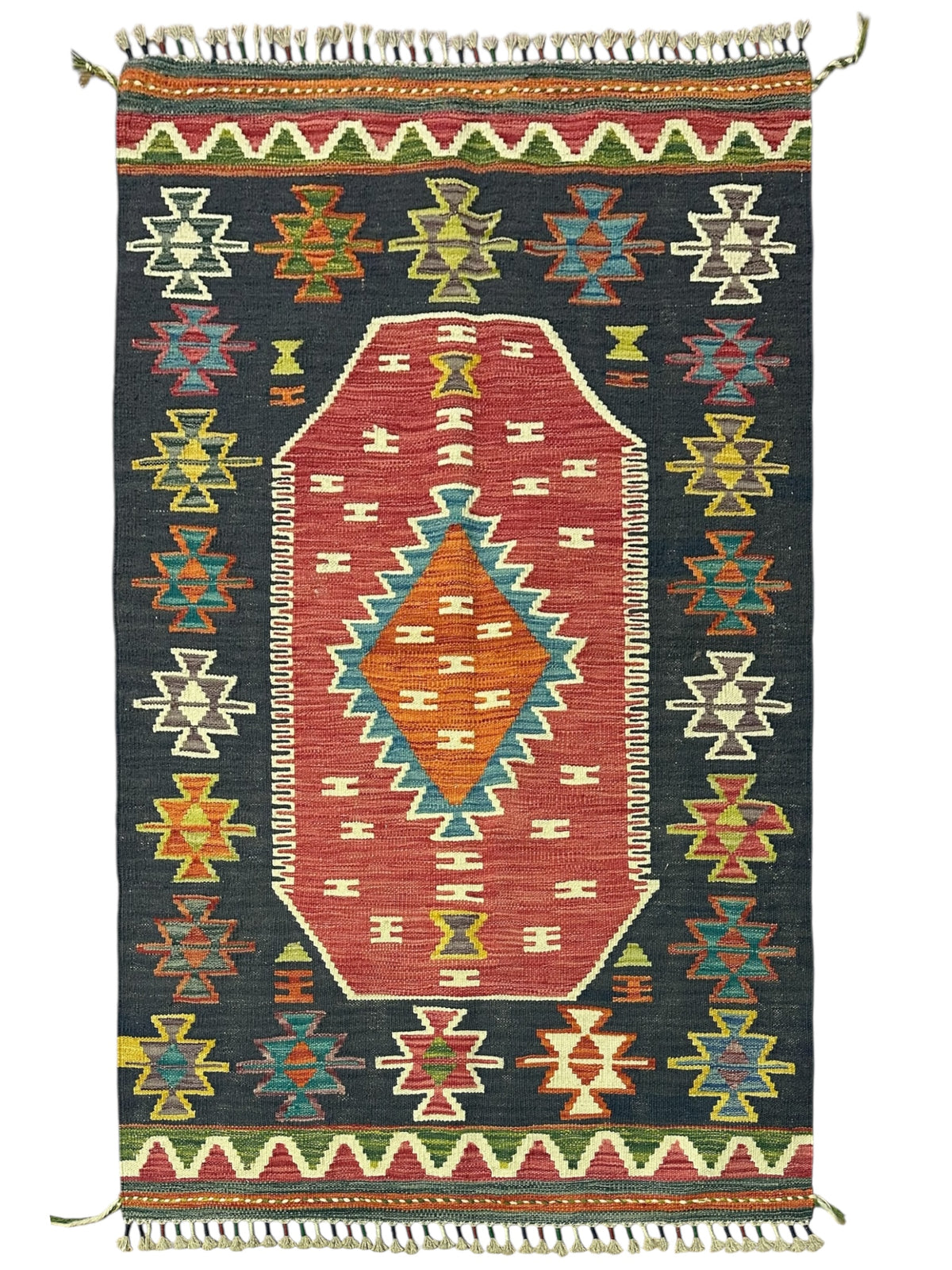 Afghan Kilim Rug 3x5, Navy, Red & Orange, Hand-Woven Wool Flatweave