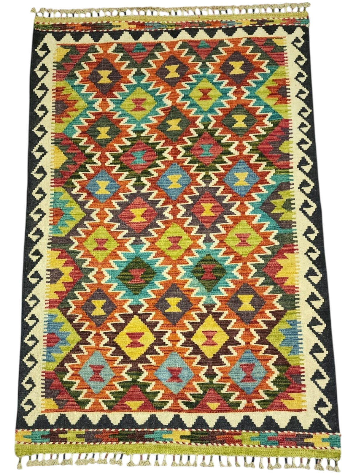 Afghan Kilim Rug 3x5, Rust, Orange & Teal, Hand-Woven Wool Flatweave, view 2