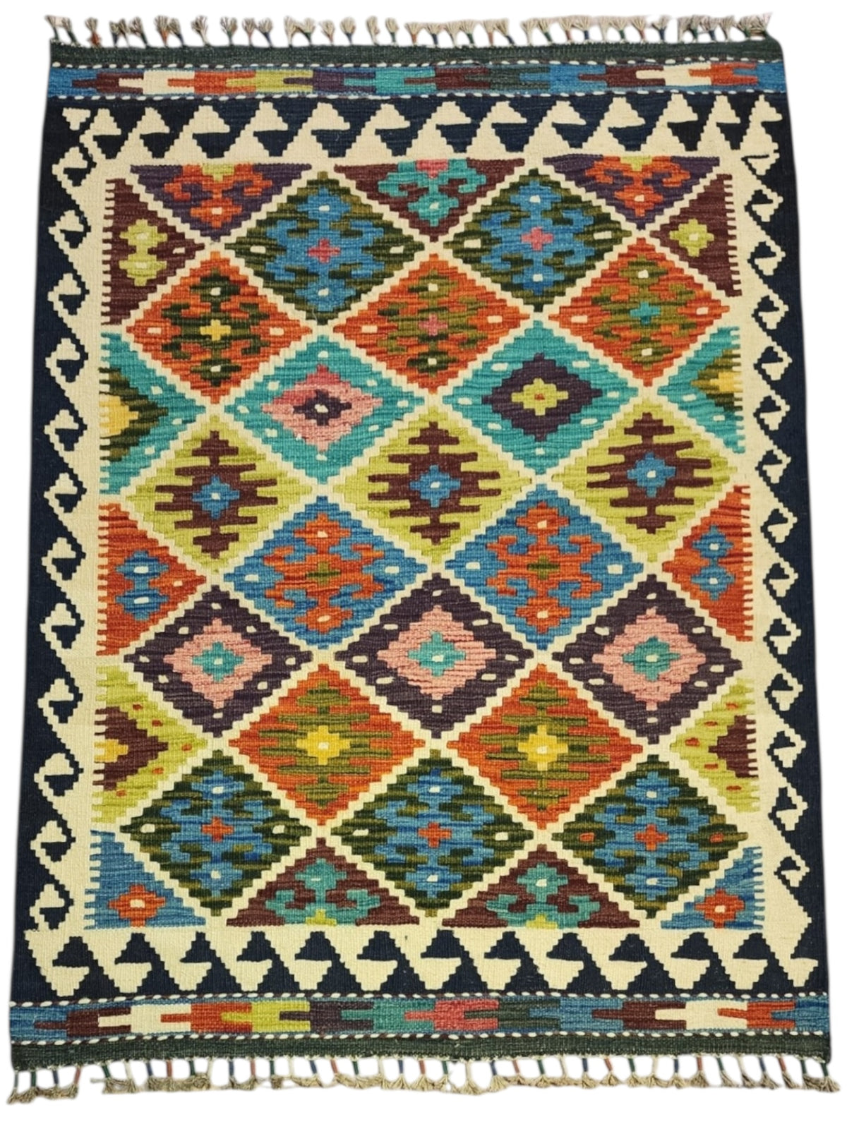 Afghan Kilim Rug 4x5, Navy, Ivory & Rust, Diamond Lattice Wool Flatweave, view 2