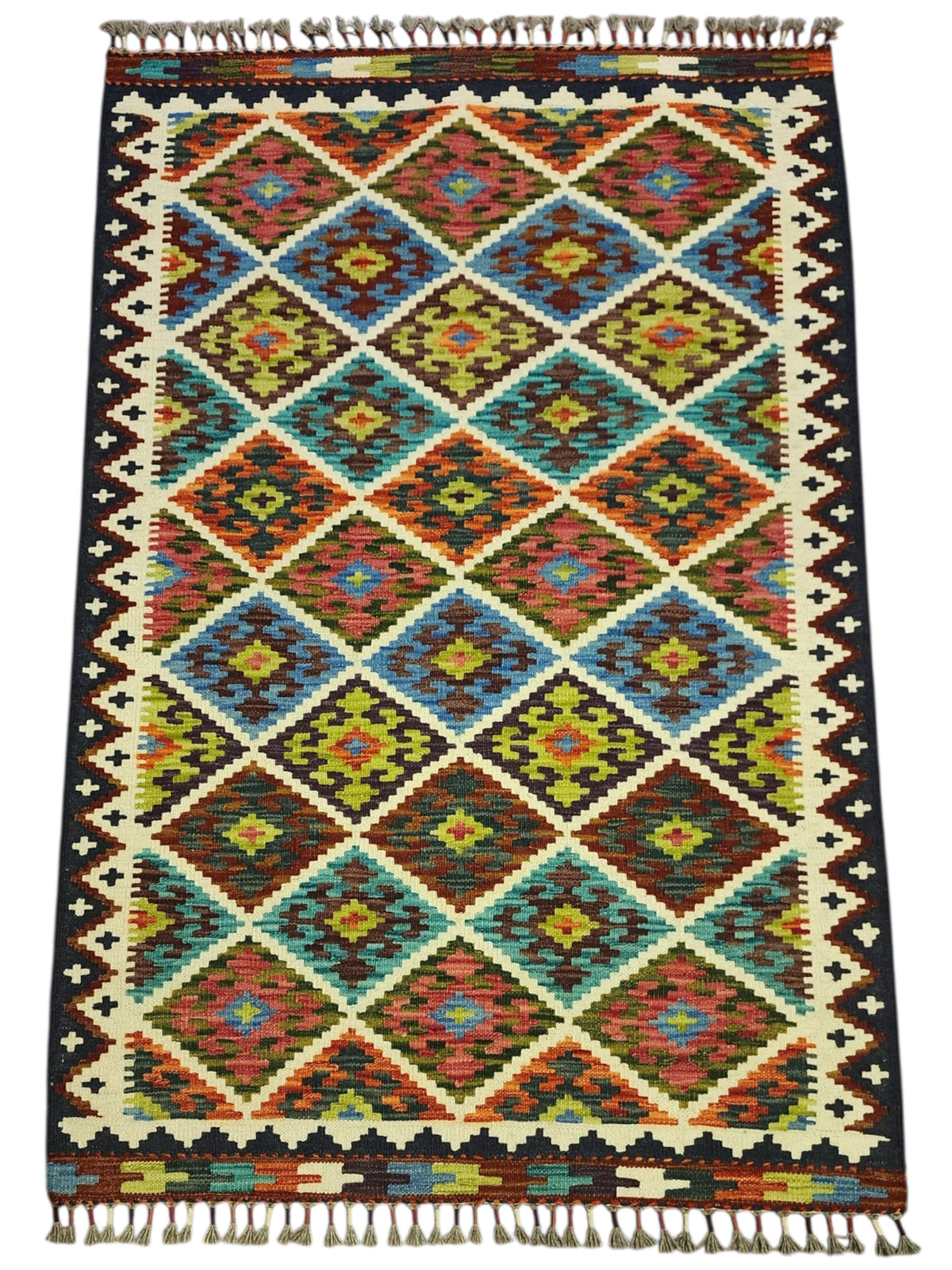 Afghan Kilim Rug 3x5, Rust, Olive Green & Blue, Diamond Lattice Wool Flatweave, view 2
