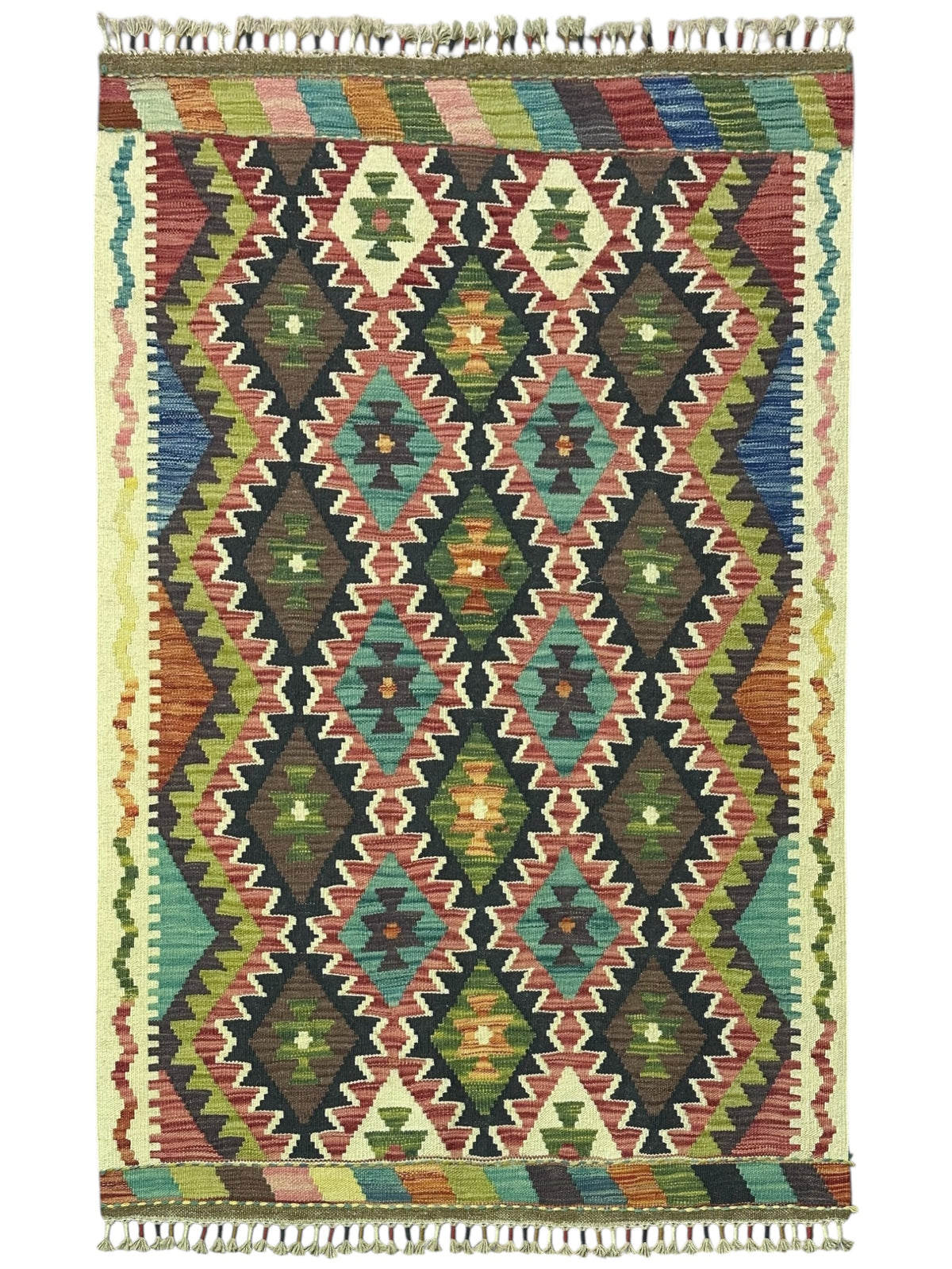 Afghan Kilim Rug 4x5, Navy, Rust & Teal, Hand-Woven Wool Flatweave