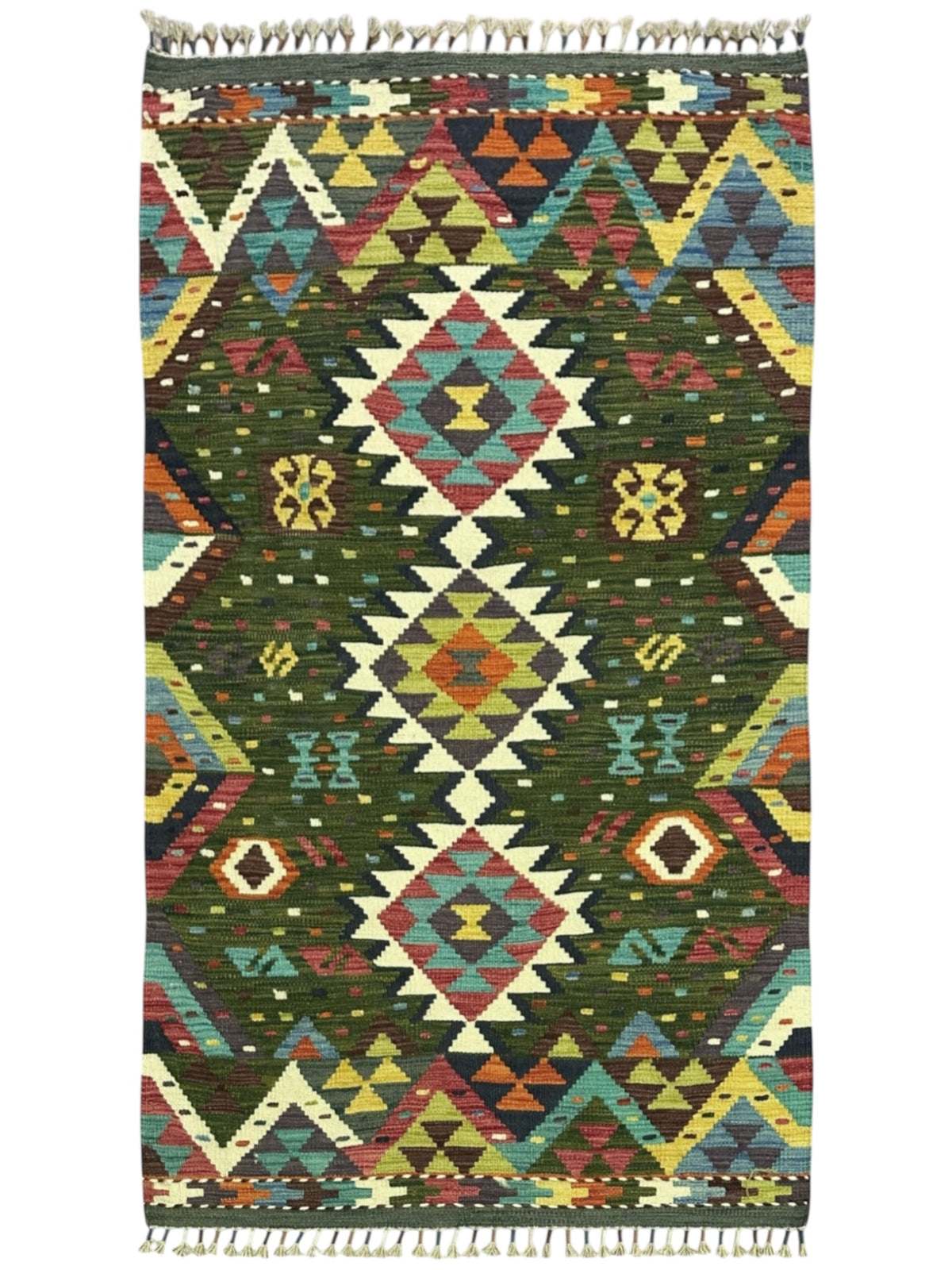 Afghan Kilim Rug 3x6, Green, Ivory & Teal, Hand-Woven Wool Flatweave