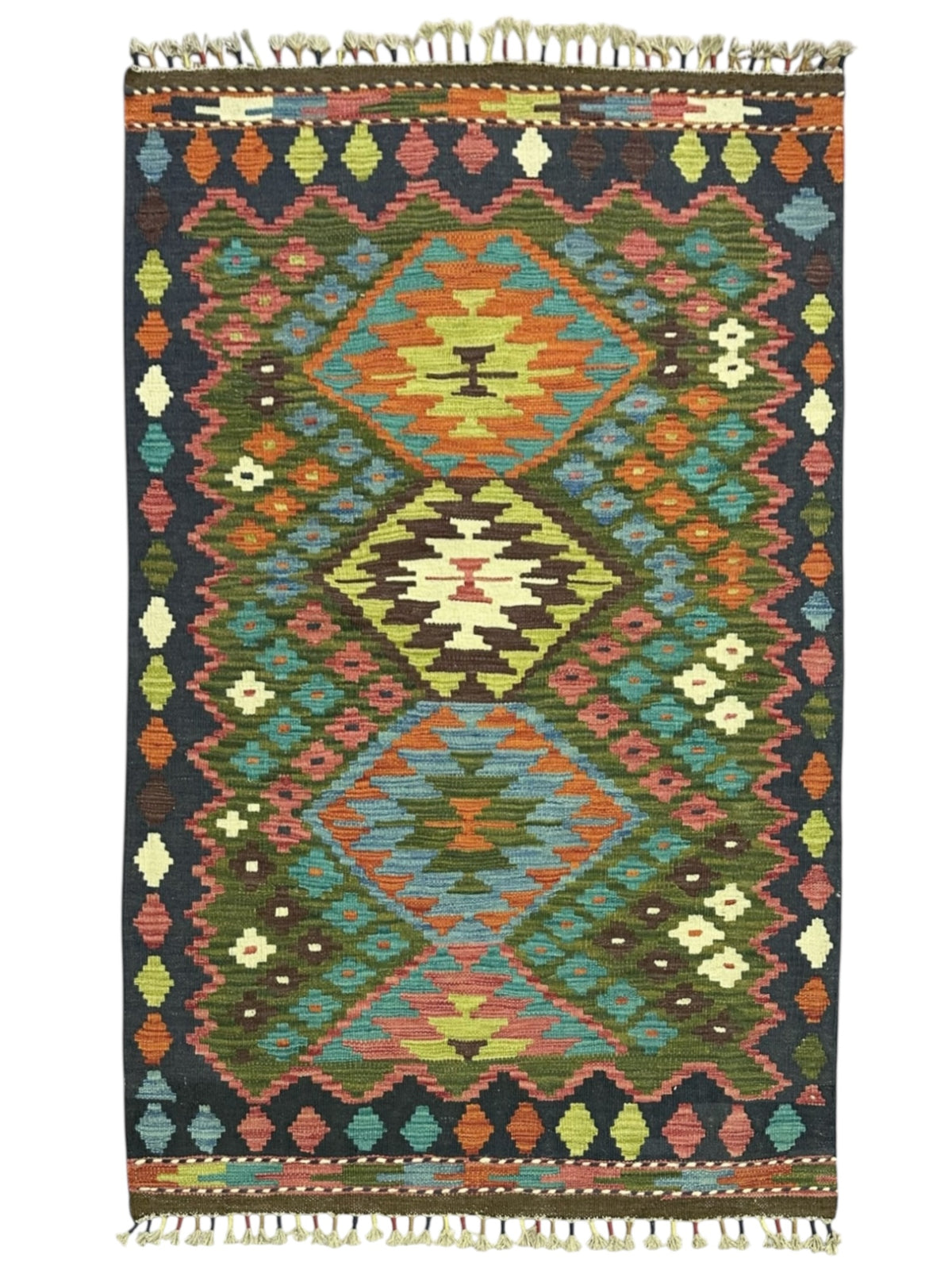 Afghan Kilim Rug 3x5, Green, Navy & Teal, Hand-Woven Wool Flatweave