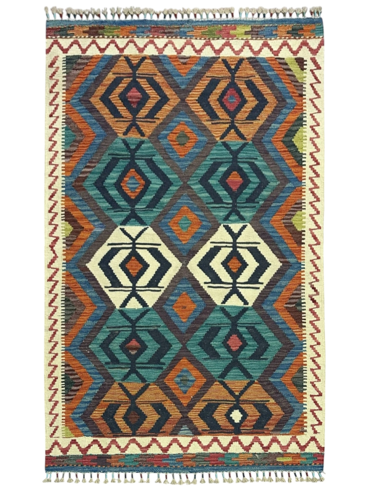 Afghan Kilim Rug 3x5, Teal, Orange & Navy, Hand-Woven Wool Flatweave