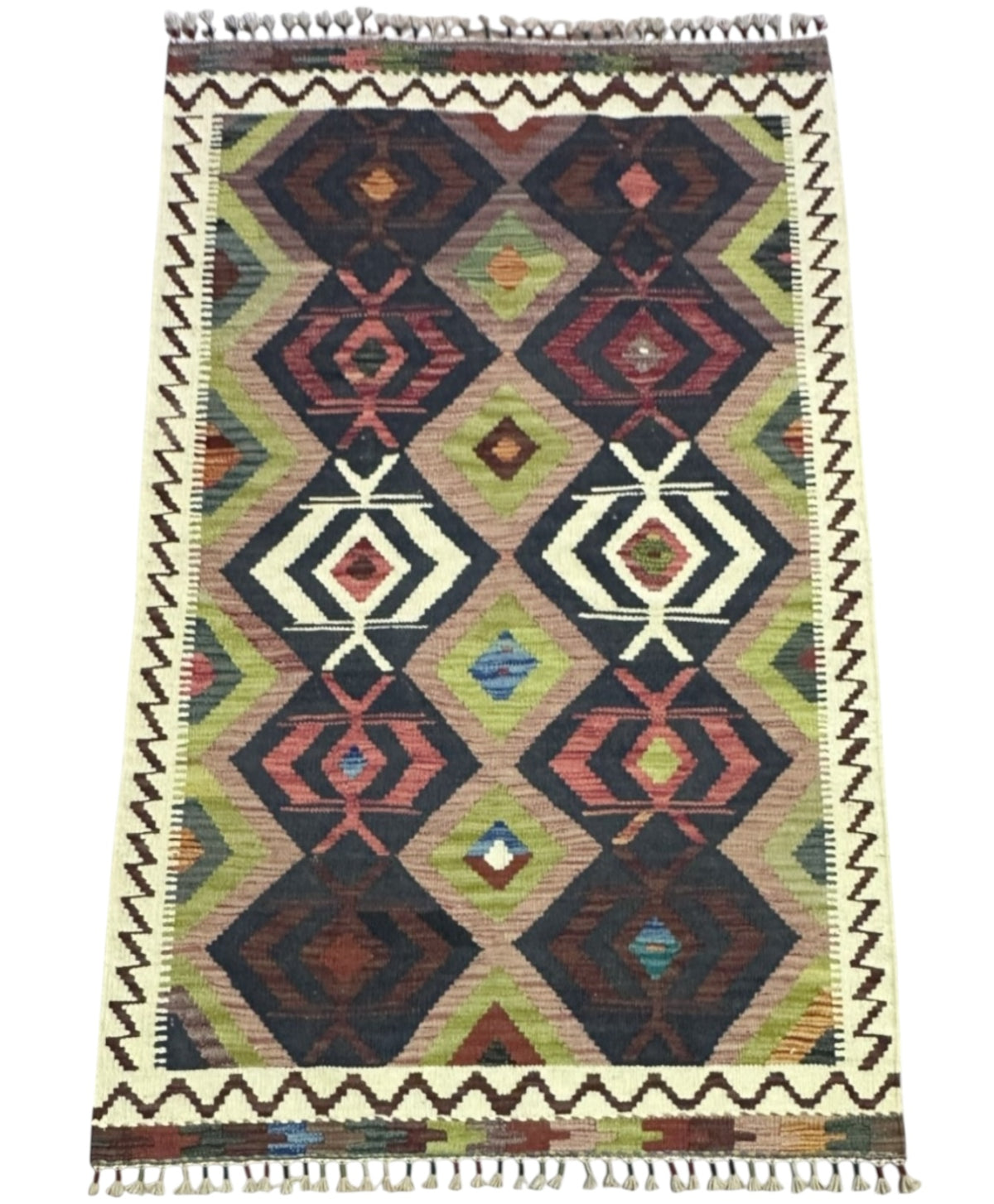 Afghan Kilim Rug 3x5, Navy, Purple & Olive Green, Hand-Woven Wool Flatweave, view 2