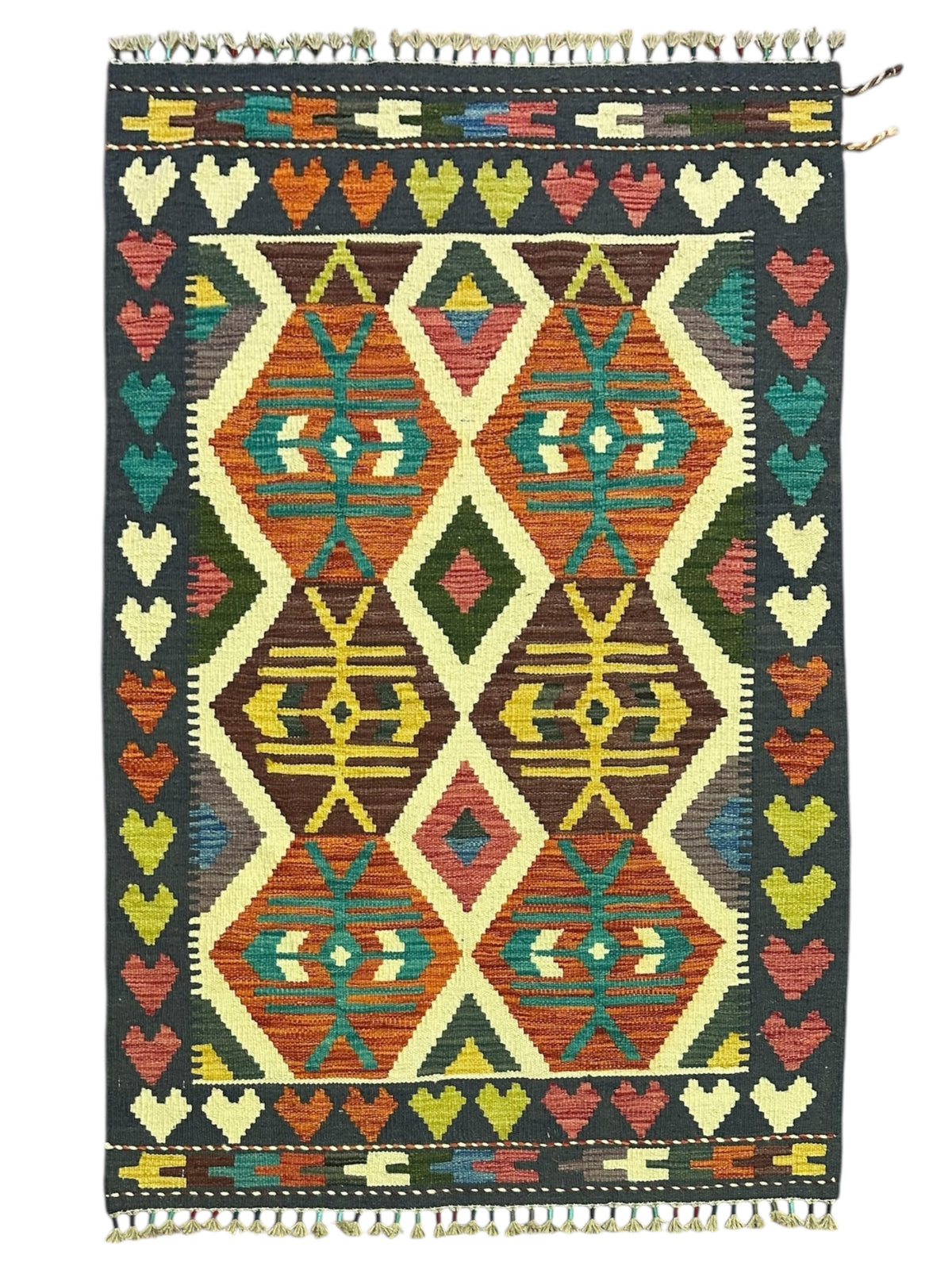 Afghan Kilim Rug 3x5, Navy, Rust & Ivory, Diamond Lattice Wool Flatweave