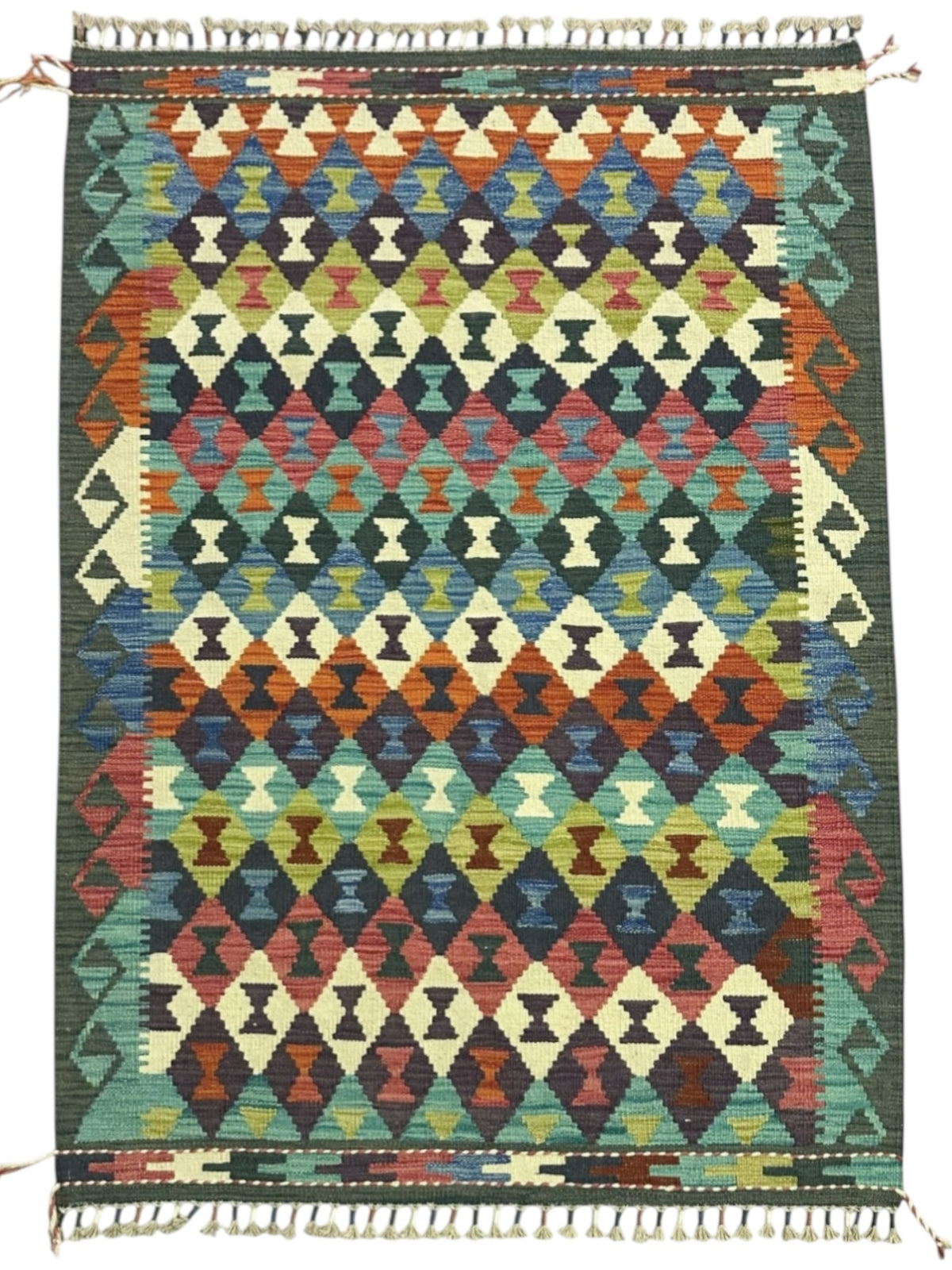 Afghan Kilim Rug 4x5, Teal, Navy & Ivory, Hand-Woven Wool Flatweave, view 2