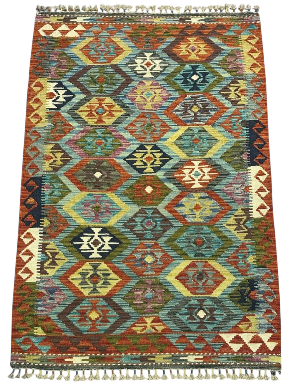 Afghan Kilim Rug 4x5, Rust, Teal & Olive Green, Hand-Woven Wool Flatweave, view 2