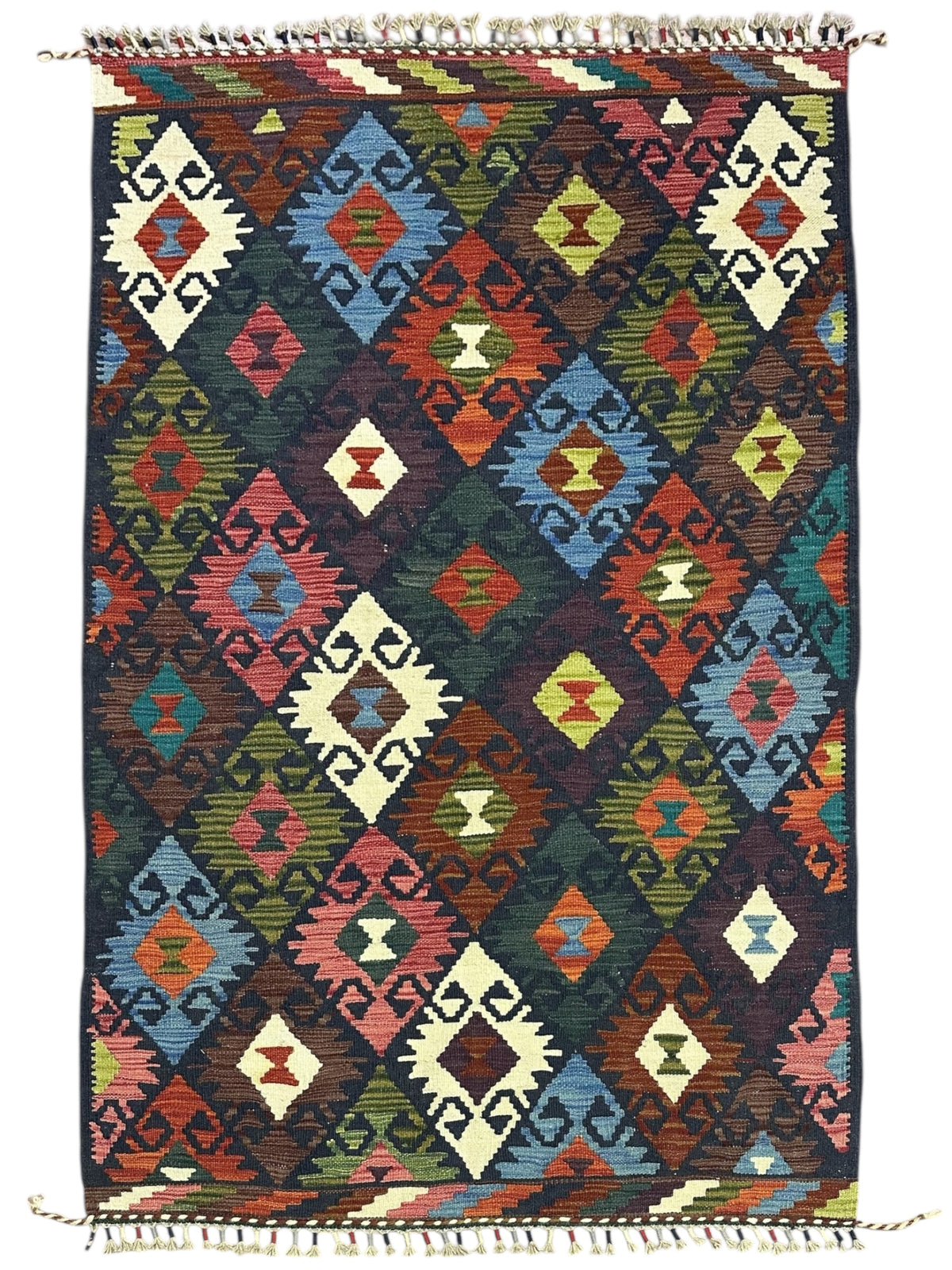 Afghan Kilim Rug 4x6, Navy, Rust & Ivory, Hand-Woven Wool Flatweave