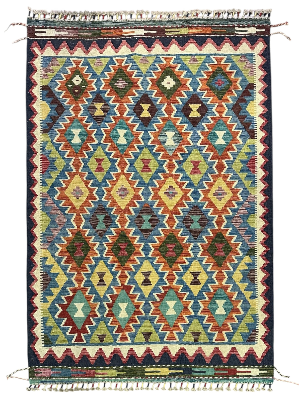 Afghan Kilim Rug 4x6, Olive Green, Teal & Rust, Hand-Woven Wool Flatweave