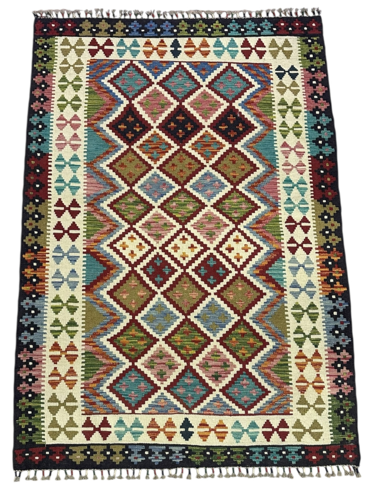 Afghan Kilim Rug 4x6, Ivory, Rust & Brown, Hand-Woven Wool Flatweave, view 2