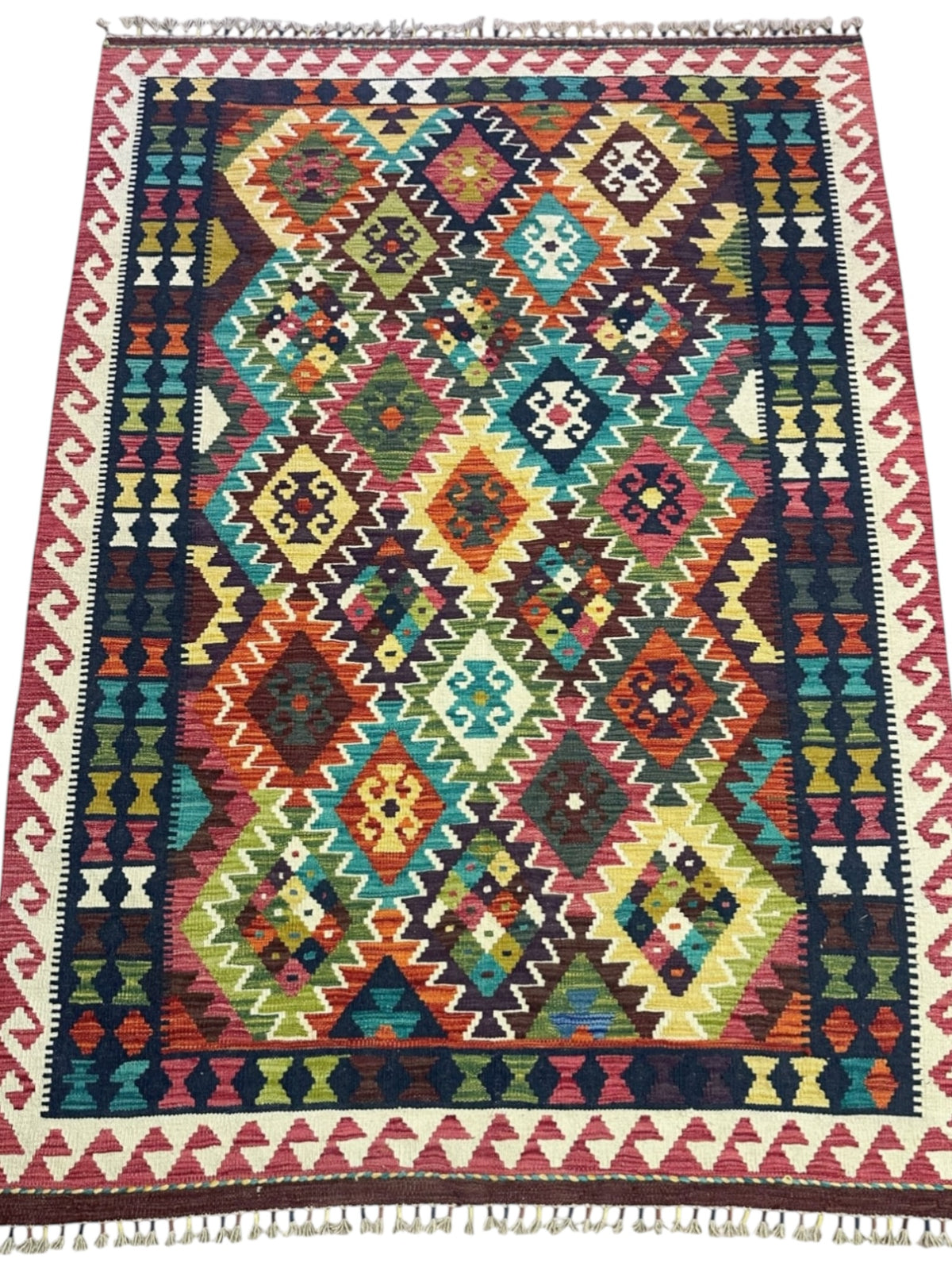 Afghan Kilim Rug 5x7, Navy, Pink & Rust, Hand-Woven Wool Flatweave, view 2