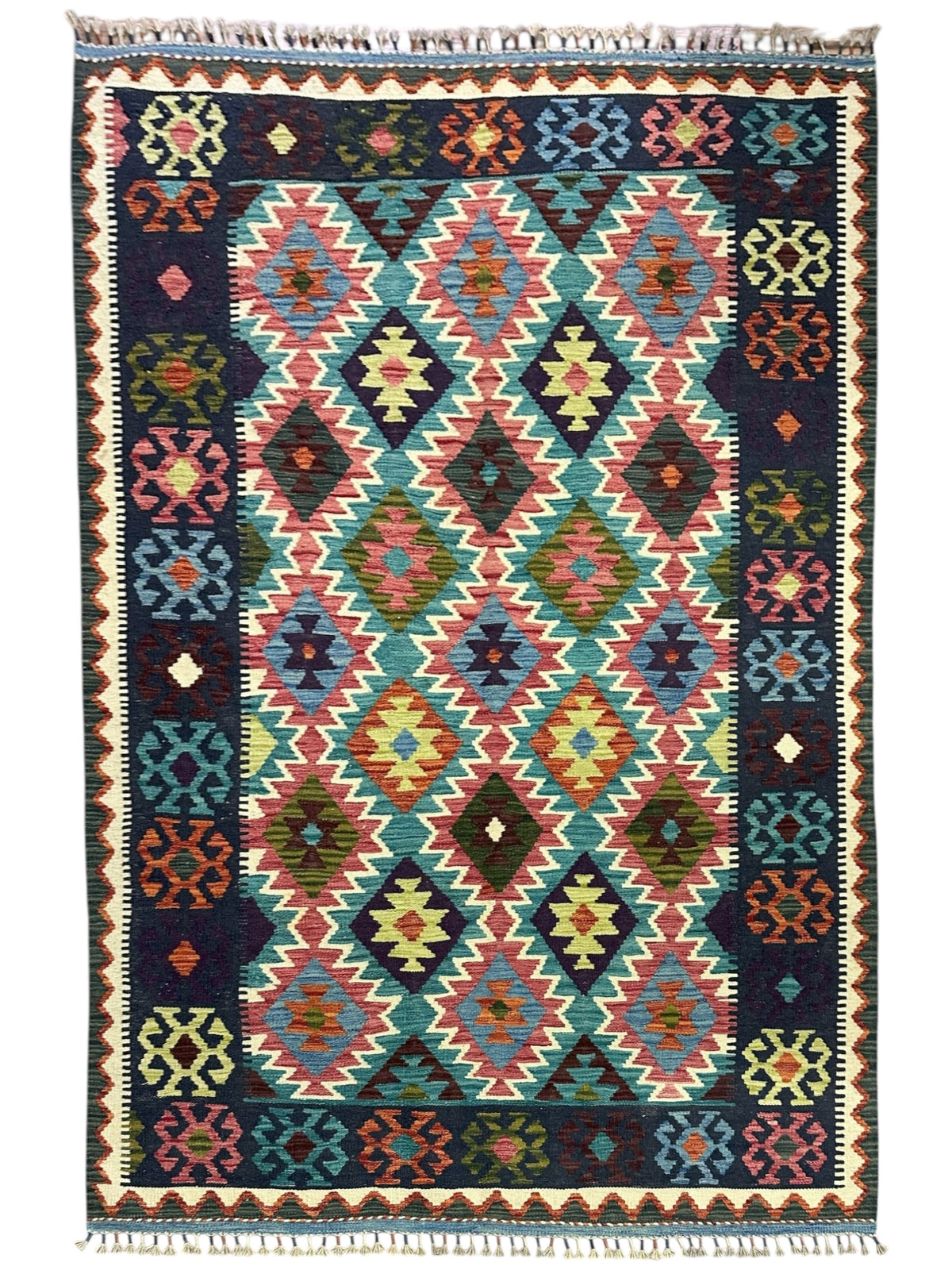 Afghan Kilim Rug 5x7, Navy, Teal & Pink, Hand-Woven Wool Flatweave