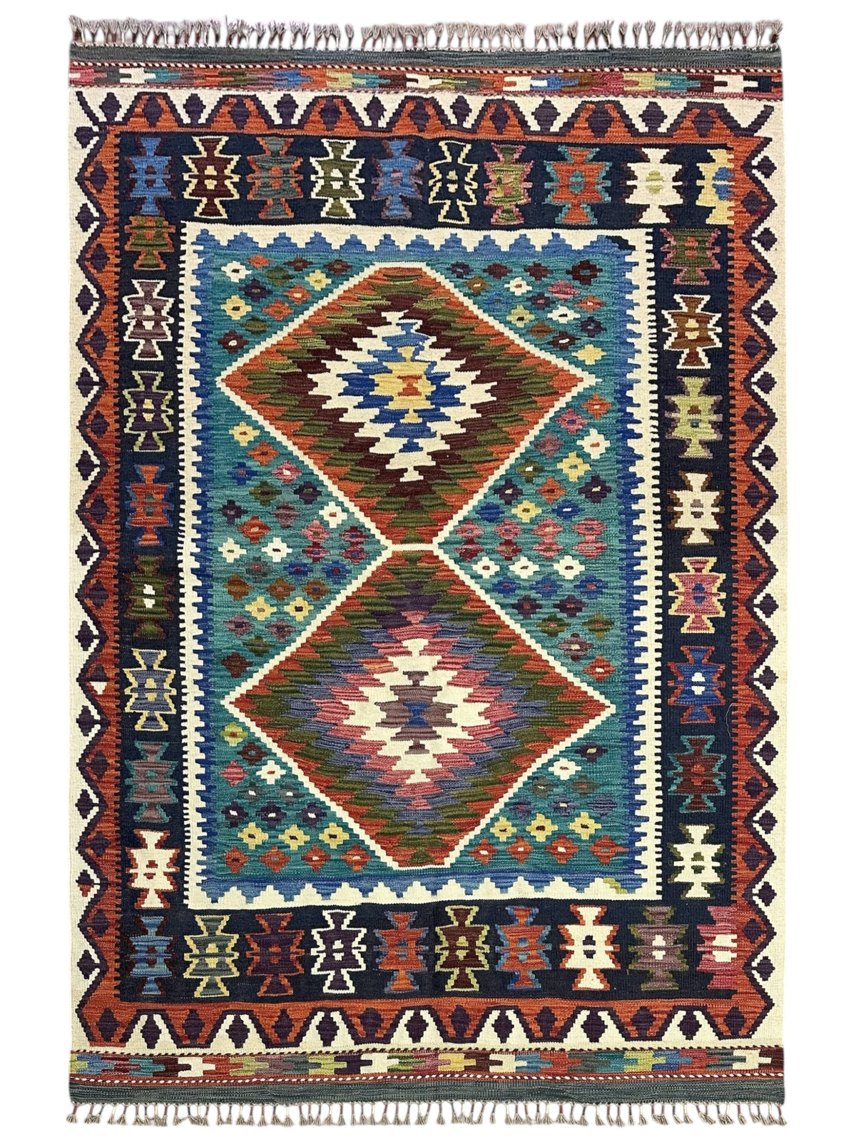 Afghan Kilim Rug 5x7, Navy, Blue & Rust, Hand-Woven Wool Flatweave