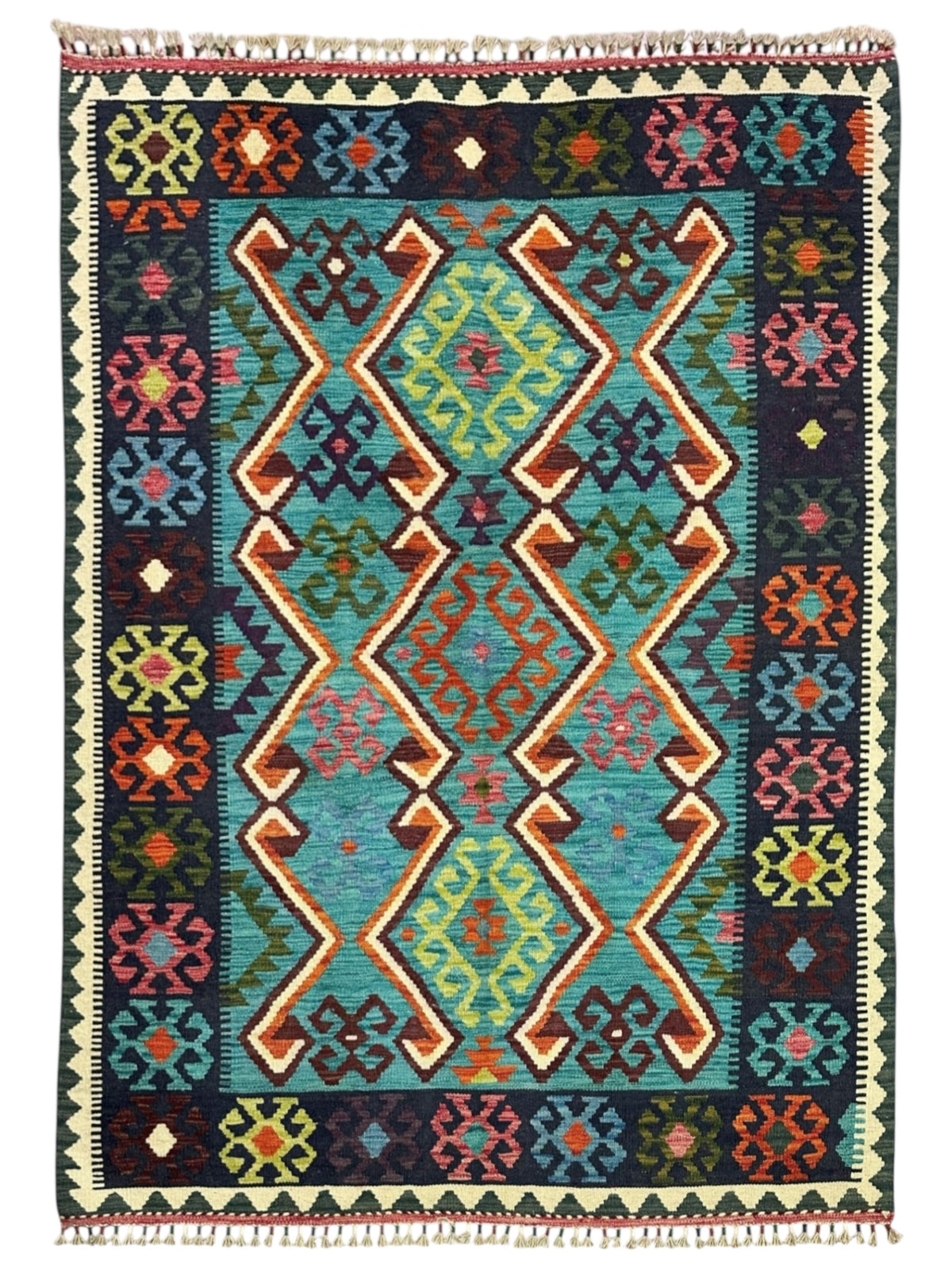 Afghan Kilim Rug 5x7, Teal, Navy & Rust, Diamond Medallion Wool Flatweave