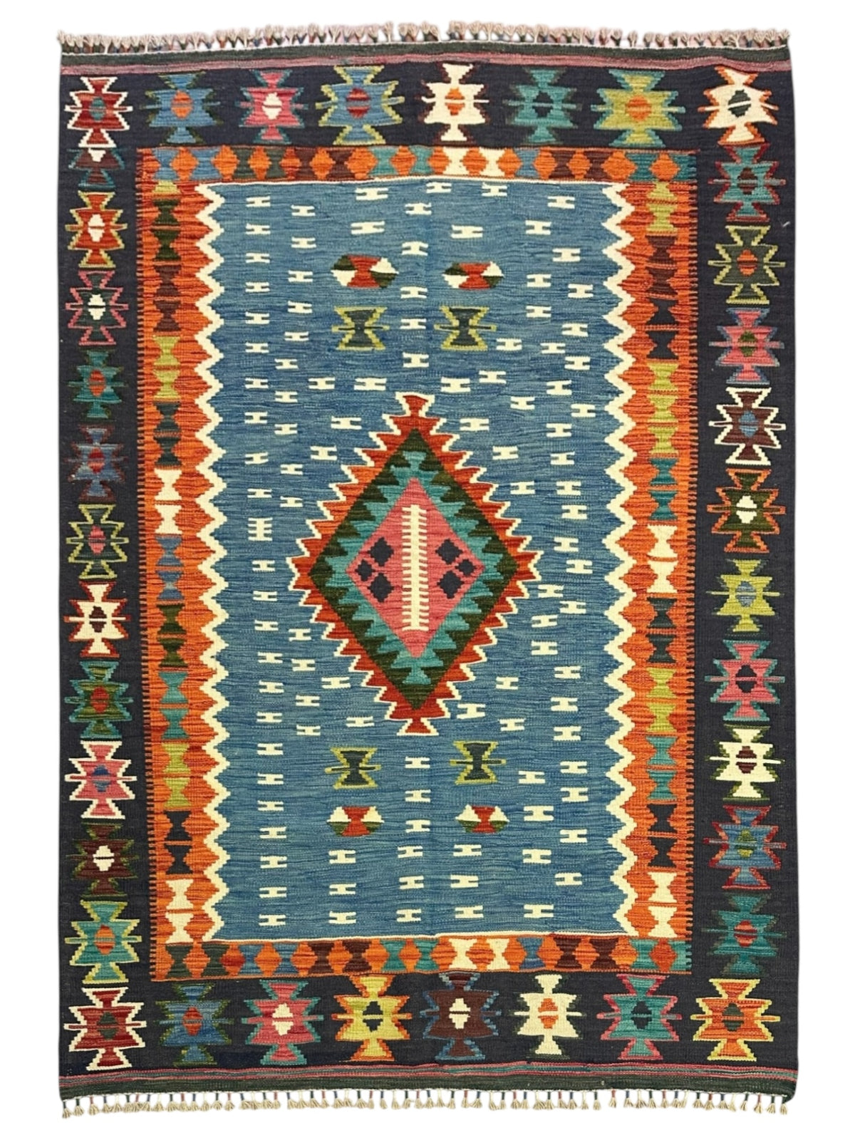 Afghan Kilim Rug 5x7, Blue, Navy & Rust, Diamond Medallion Wool Flatweave