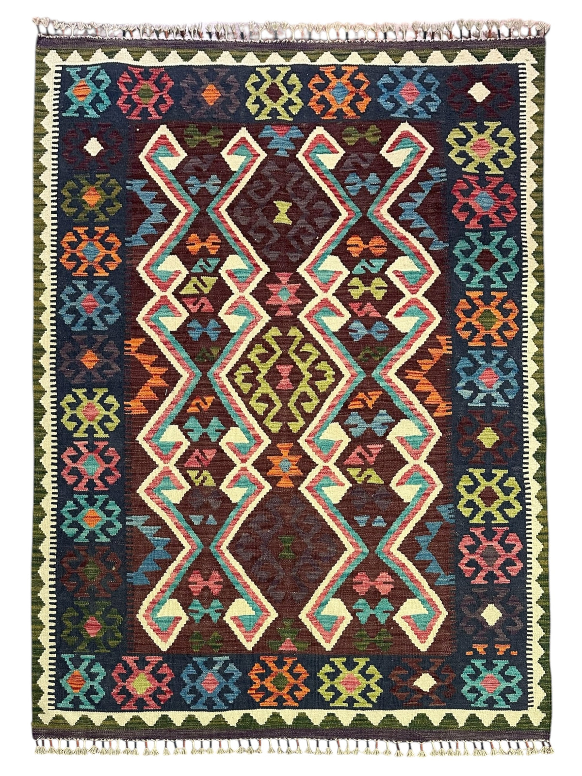 Afghan Kilim Rug 5x6, Brown, Navy & Pink, Hand-Woven Wool Flatweave