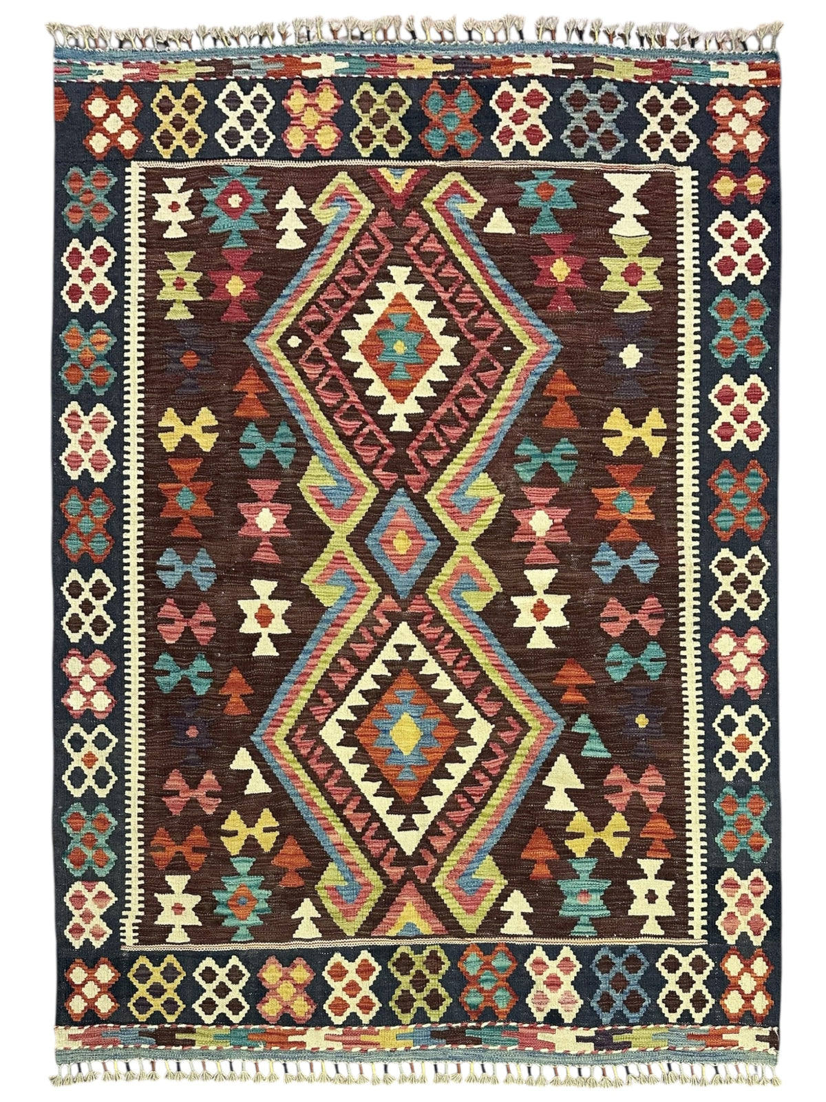 Afghan Kilim Rug 5x6, Brown, Navy & Ivory, Hand-Woven Wool Flatweave