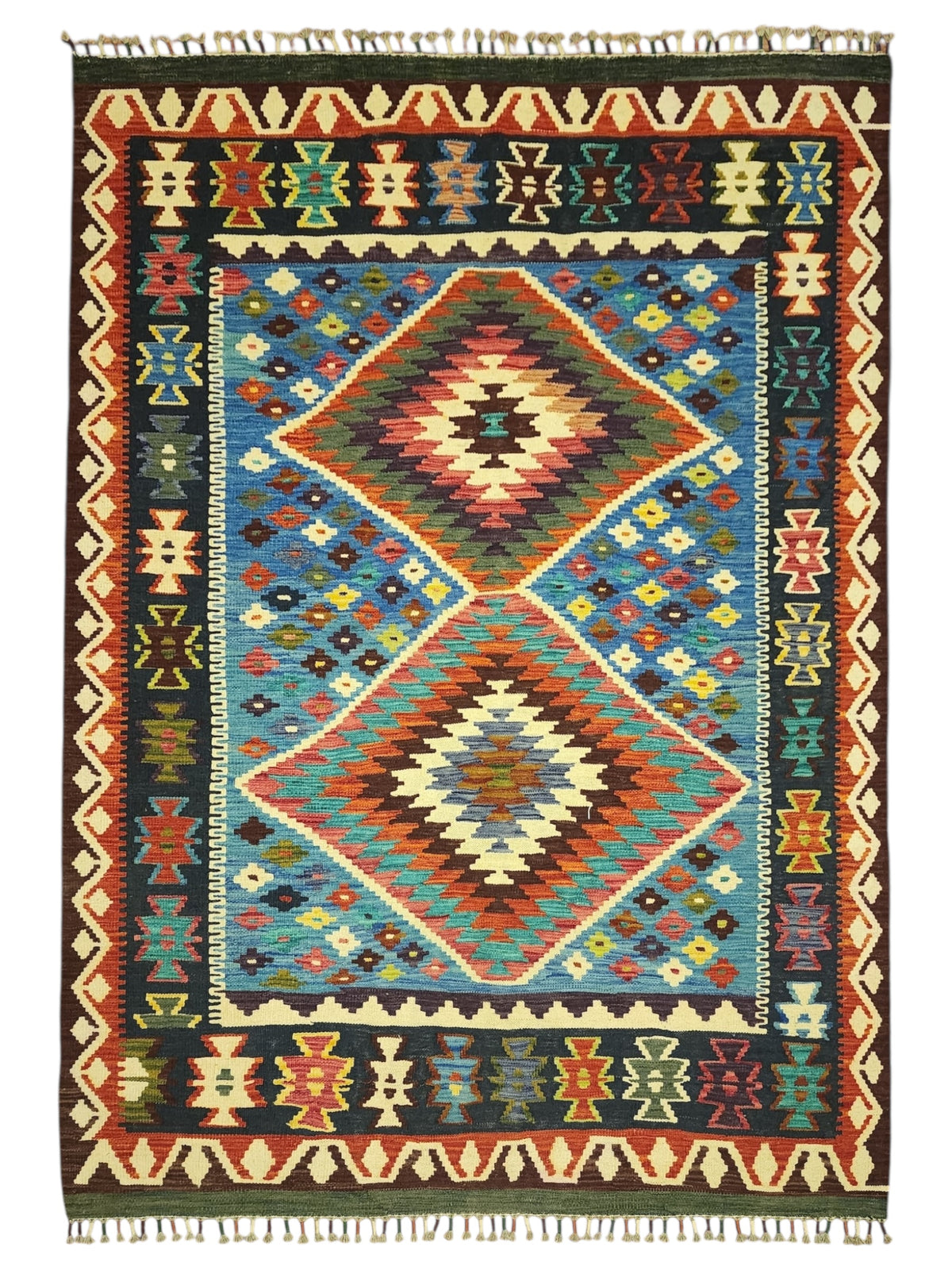Afghan Kilim Rug 5x7, Blue, Rust & Brown, Diamond Medallion Wool Flatweave