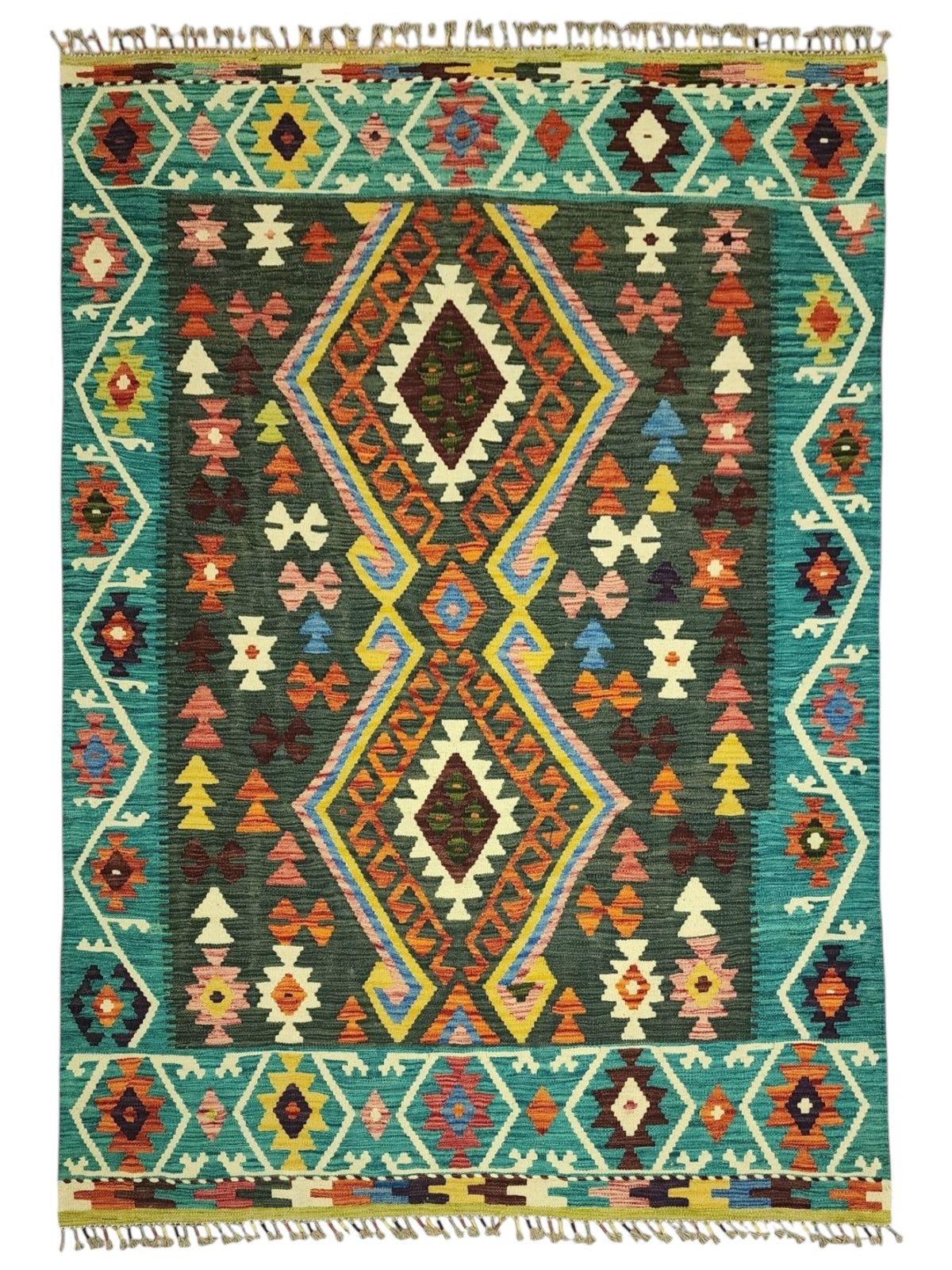 Afghan Kilim Rug 5x7, Teal, Green & Rust, Hand-Woven Wool Flatweave