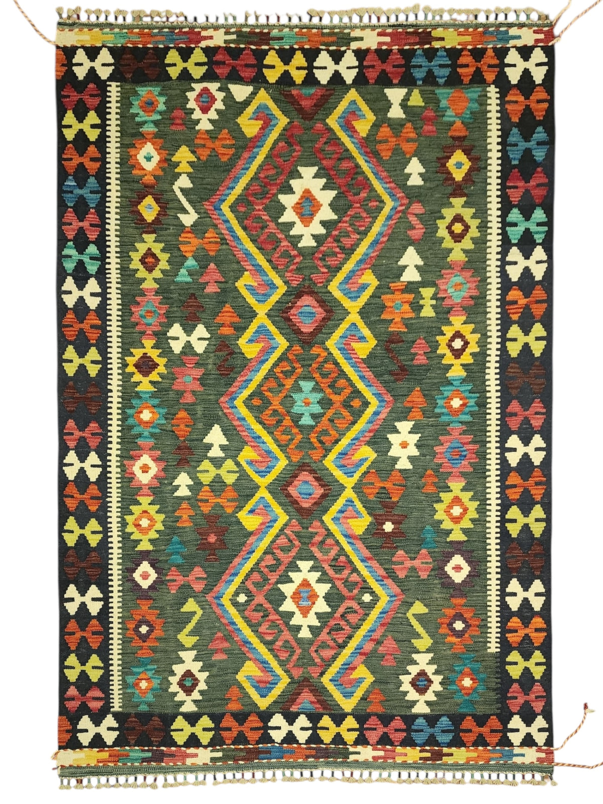 Afghan Kilim Rug 5x7, Green, Black & Rust, Hand-Woven Wool Flatweave