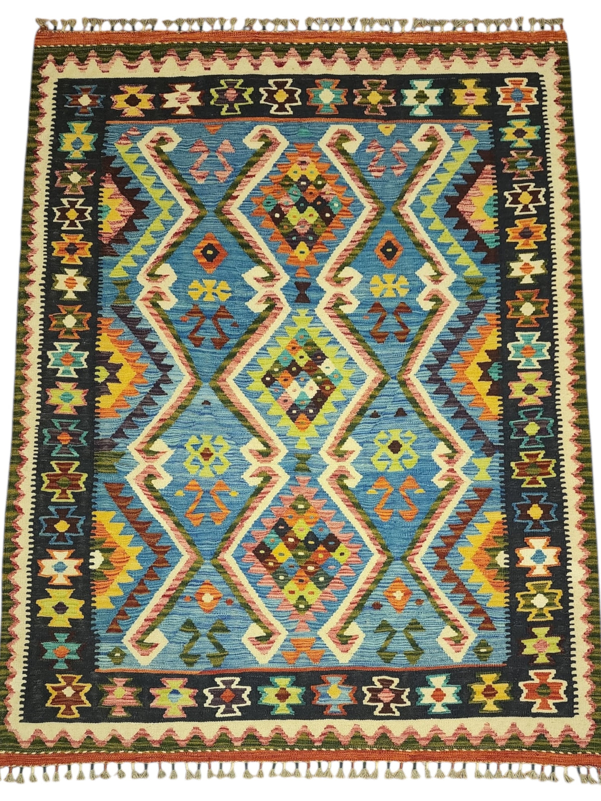 Afghan Kilim Rug 5x7, Blue, Navy & Ivory, Hand-Woven Wool Flatweave, view 2