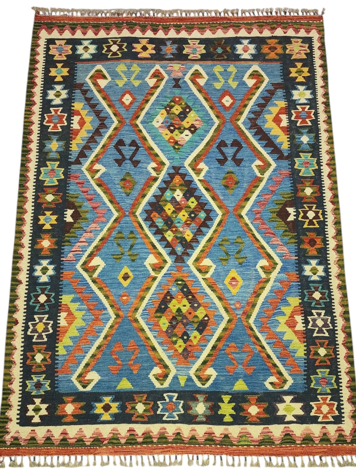 Afghan Kilim Rug 5x7, Blue, Navy & Rust, Diamond Medallion Wool Flatweave, Ivory Accents, view 2