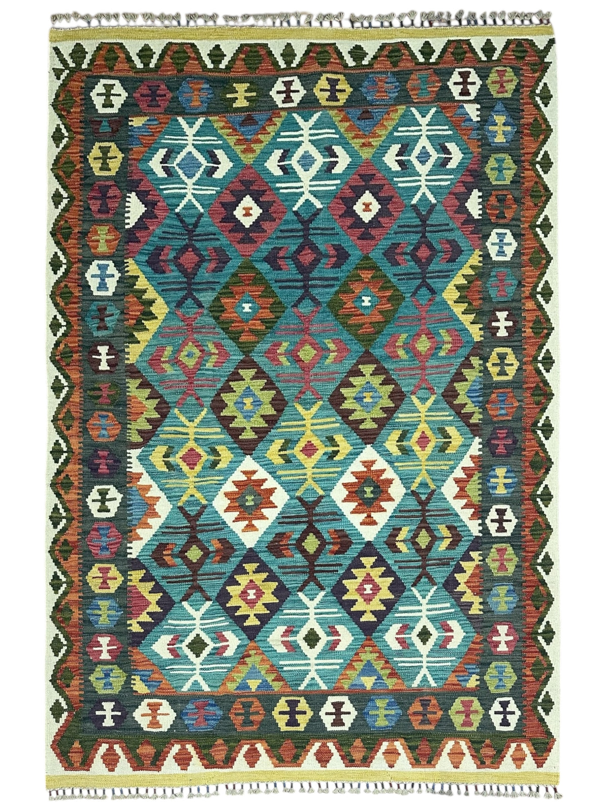 Afghan Kilim Rug 5x7, Teal, Rust & Green, Hand-Woven Wool Flatweave