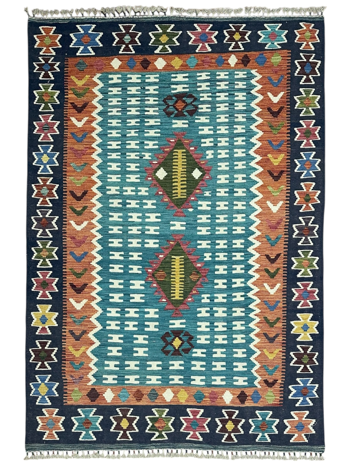 Afghan Kilim Rug 5x7, Teal, Navy & Rust, Hand-Woven Wool Flatweave