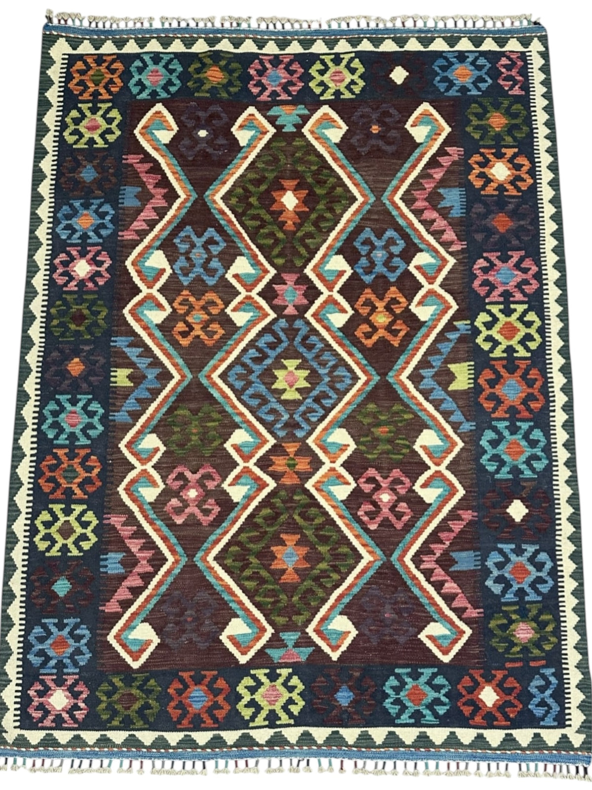 Afghan Kilim Rug 5x7, Brown, Navy & Ivory, Hand-Woven Wool Flatweave, view 2