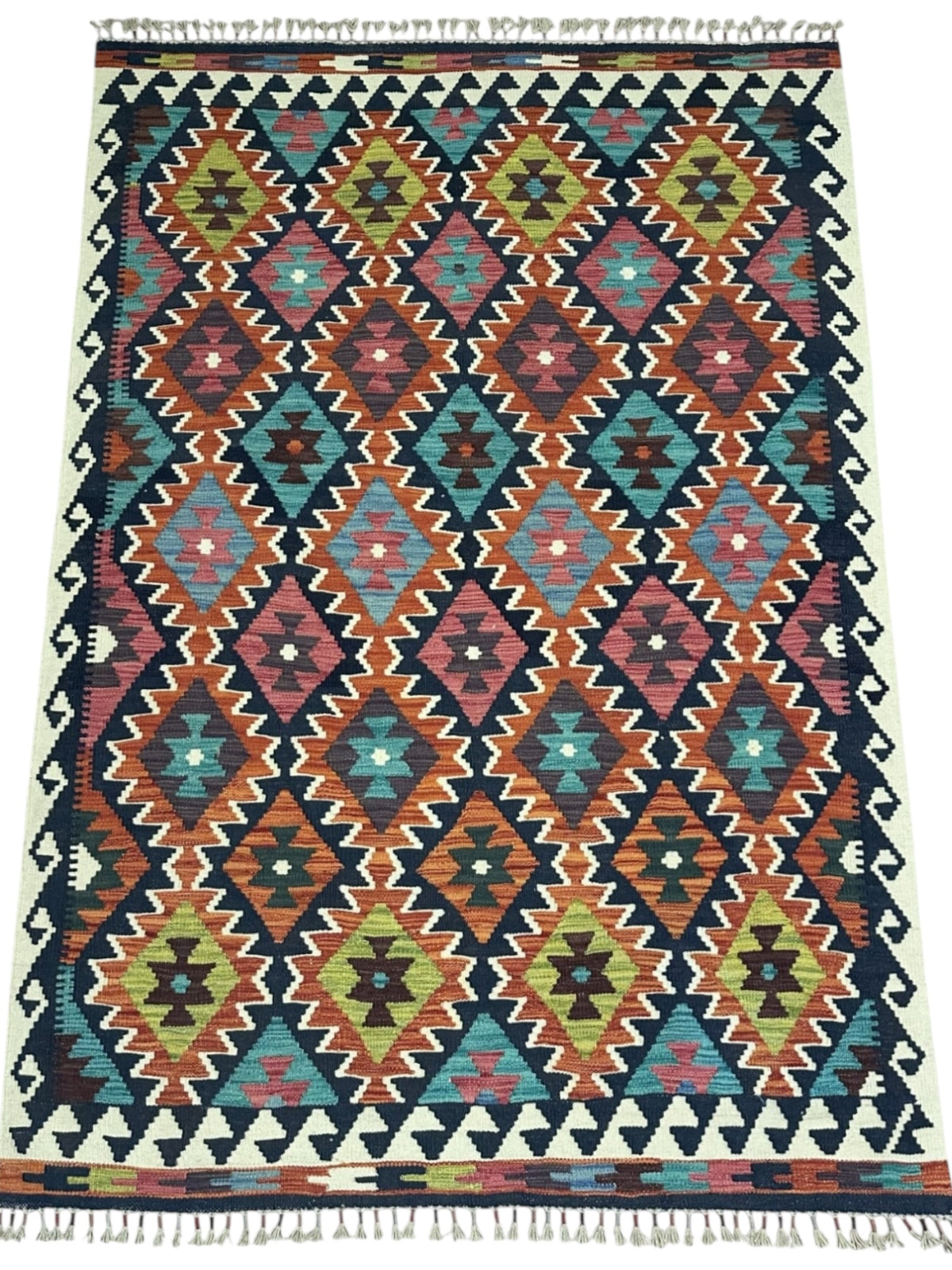 Afghan Kilim Rug 5x7, Navy, Rust & Teal, Hand-Woven Wool Flatweave, view 2
