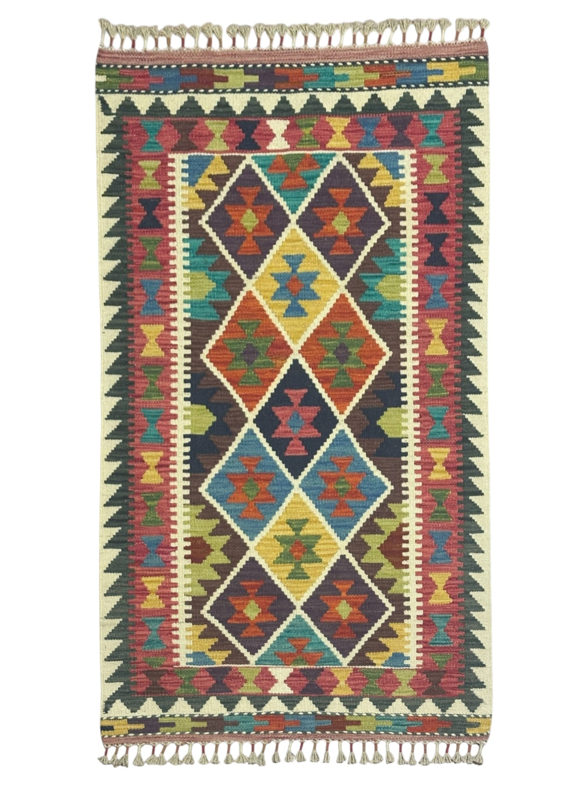 Afghan Kilim Rug 3x5, Ivory, Navy & Rust, Hand-Woven Wool Flatweave