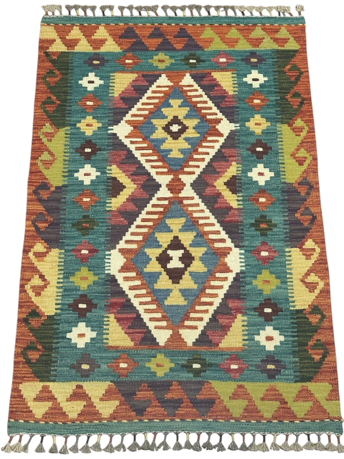 Afghan Kilim Rug 3x4, Teal, Rust & Ivory, Diamond Medallion Wool Flatweave, view 2