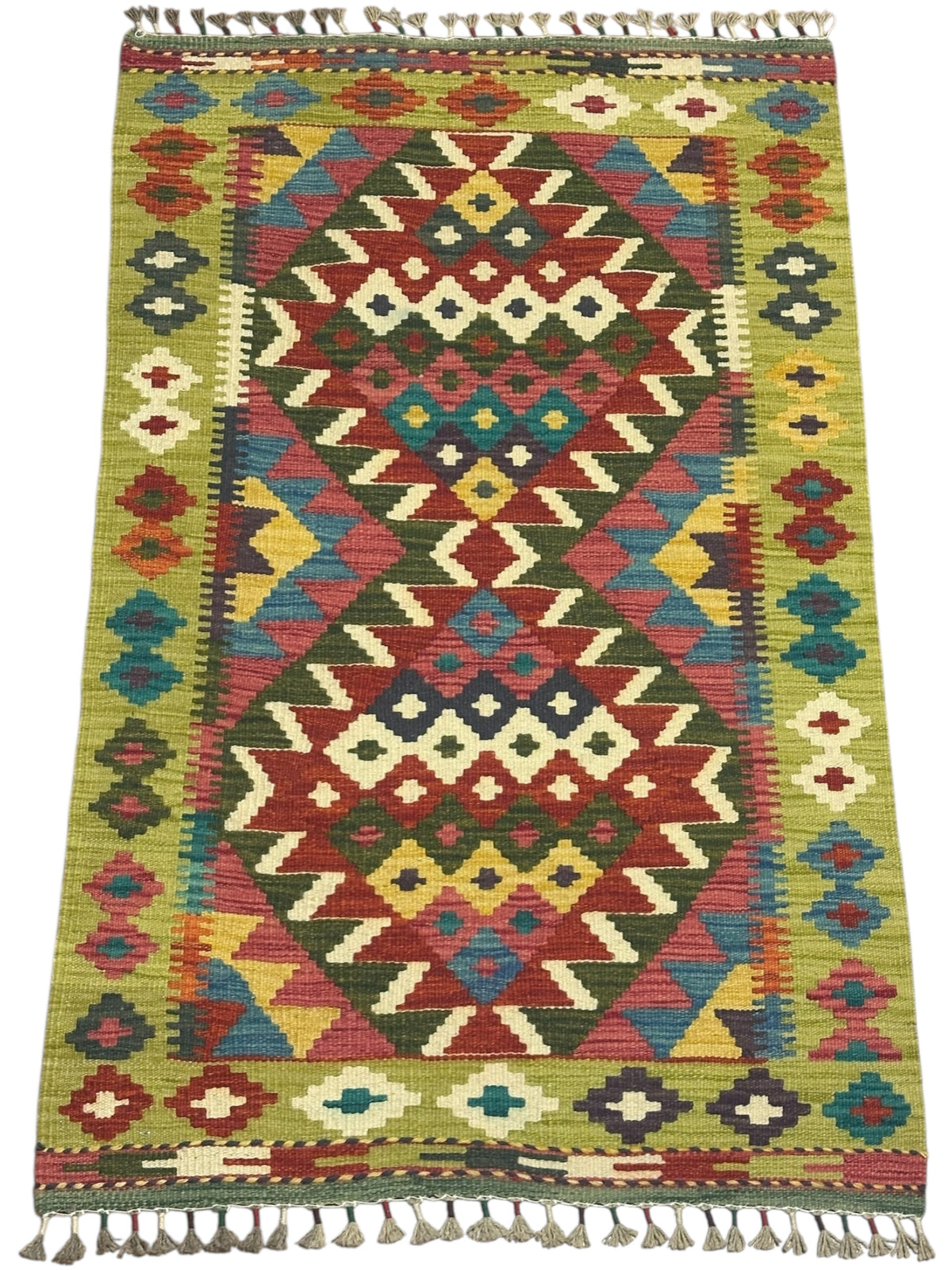 Afghan Kilim Rug 3x4, Olive Green, Rust & Ivory, Diamond Medallion Wool Flatweave, view 2