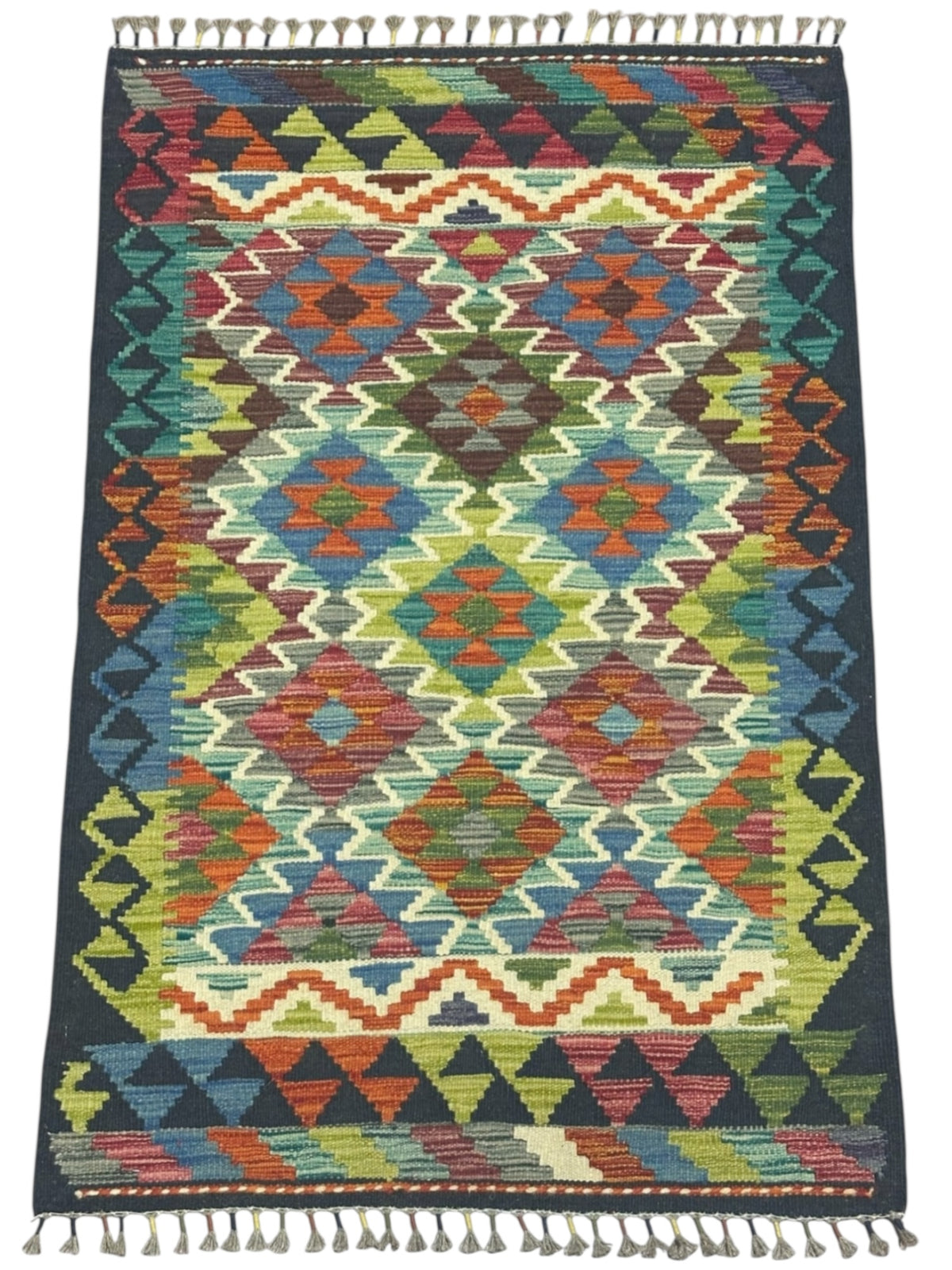 Afghan Kilim Rug 3x4, Navy, Teal & Olive Green, Hand-Woven Wool Flatweave, view 2