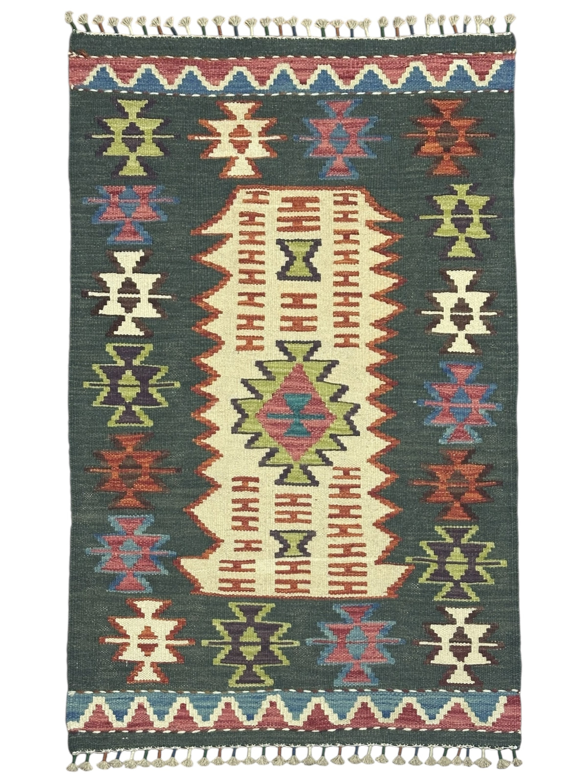 Afghan Kilim Rug 3x4, Green, Ivory & Pink, Hand-Woven Wool Flatweave