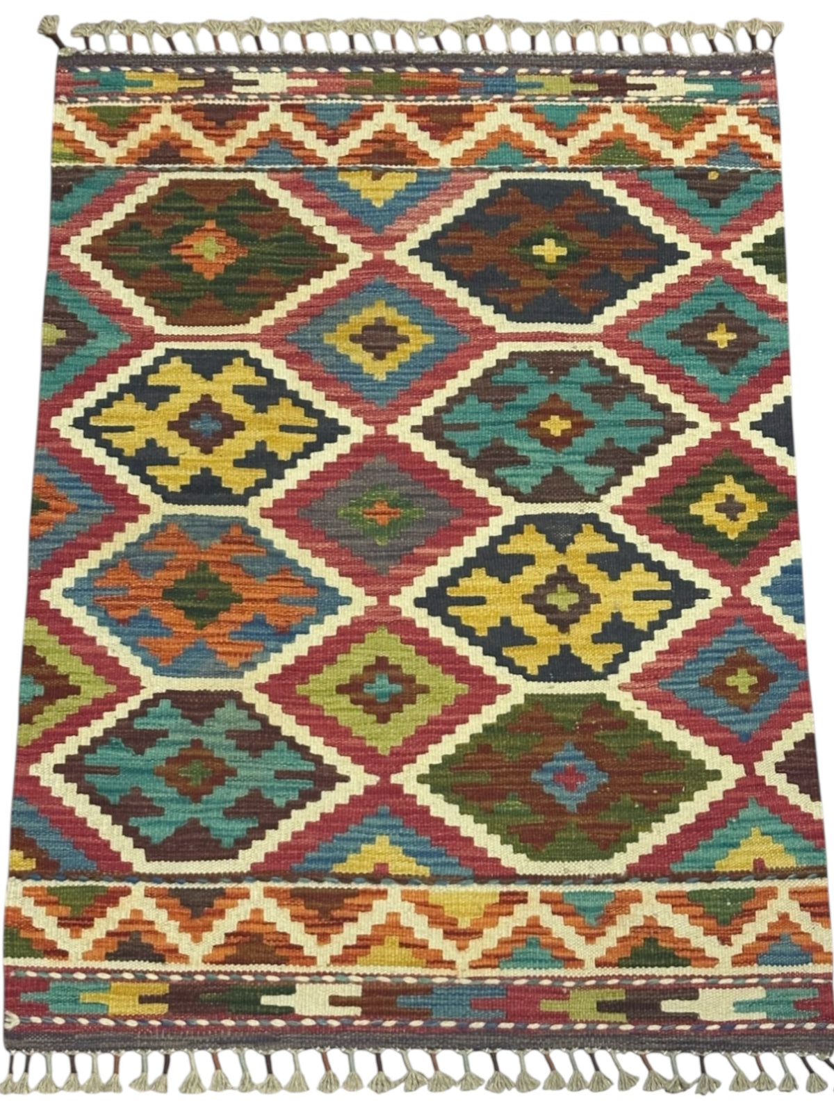 Afghan Kilim Rug 3x4, Rust, Ivory & Teal, Diamond Lattice Wool Flatweave, view 2