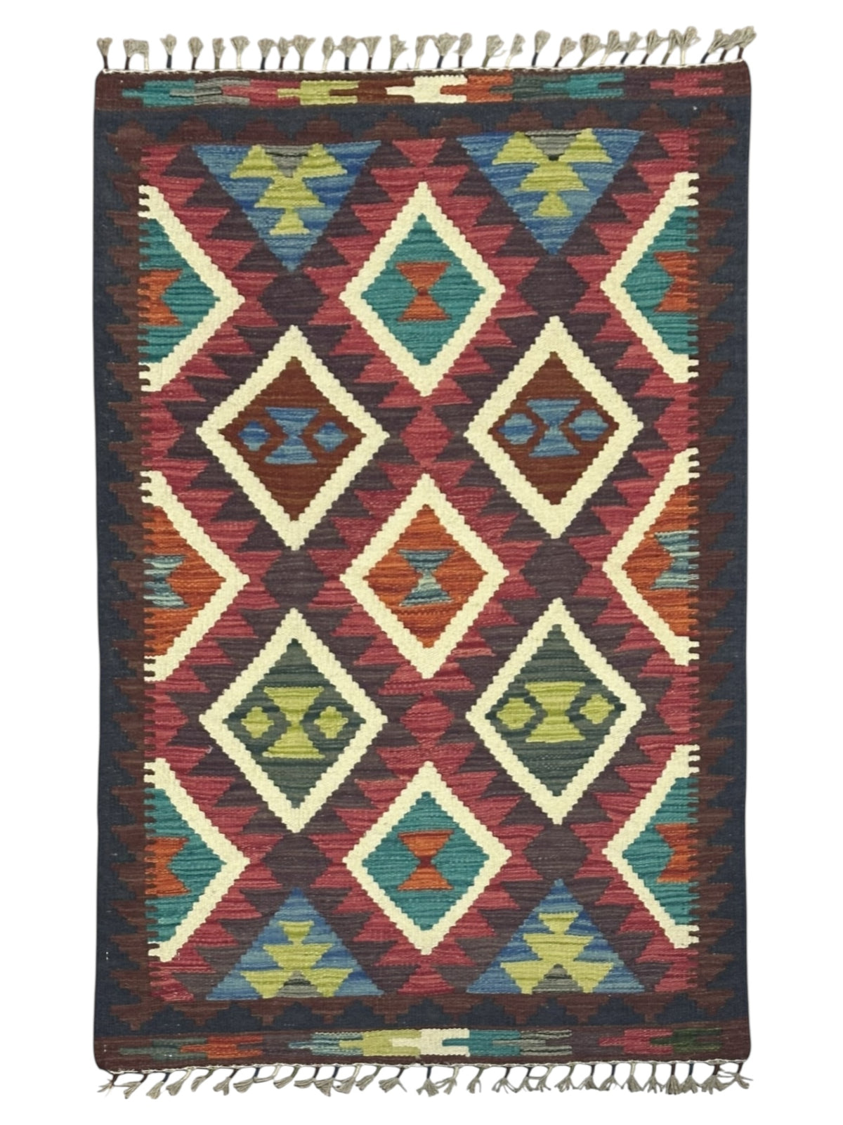 Afghan Kilim Rug 3x4, Red, Navy & Ivory, Hand-Woven Wool Flatweave