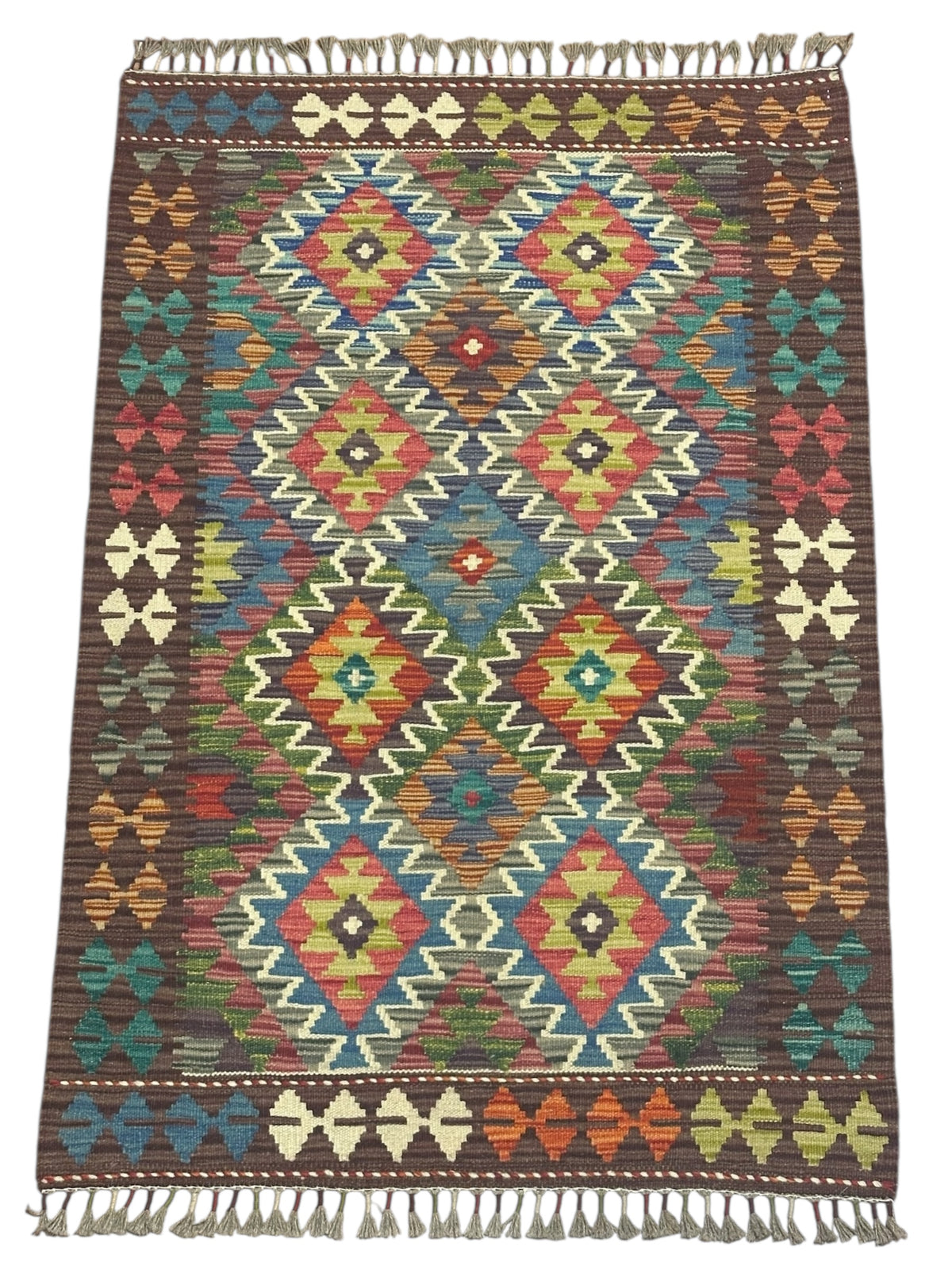 Afghan Kilim Rug 3x4, Brown, Teal & Pink, Hand-Woven Wool Flatweave, view 2