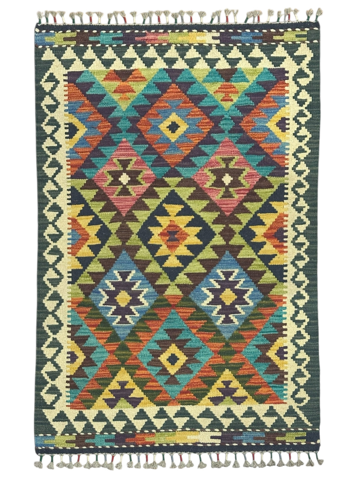 Afghan Kilim Rug 3x4, Navy, Ivory & Teal, Diamond Lattice Wool Flatweave