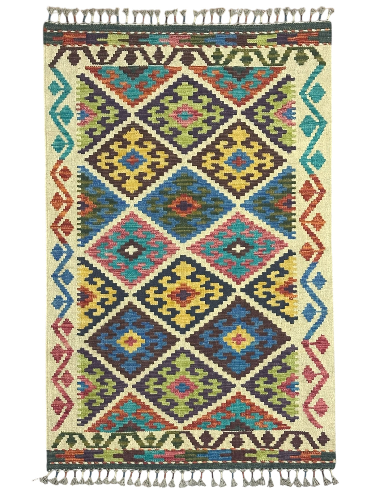 Afghan Kilim Rug 3x4, Ivory, Blue & Olive Green, Hand-Woven Wool Flatweave