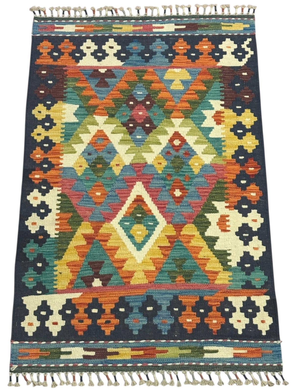 Afghan Kilim Rug 3x4, Navy, Orange & Ivory, Diamond Medallion Wool Flatweave, view 2