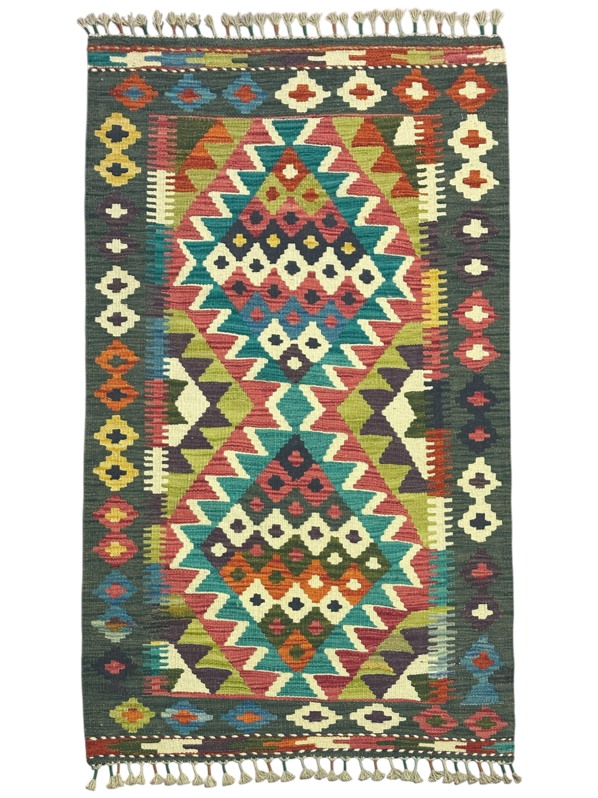 Afghan Kilim Rug 3x5, Green, Pink & Ivory, Hand-Woven Wool Flatweave
